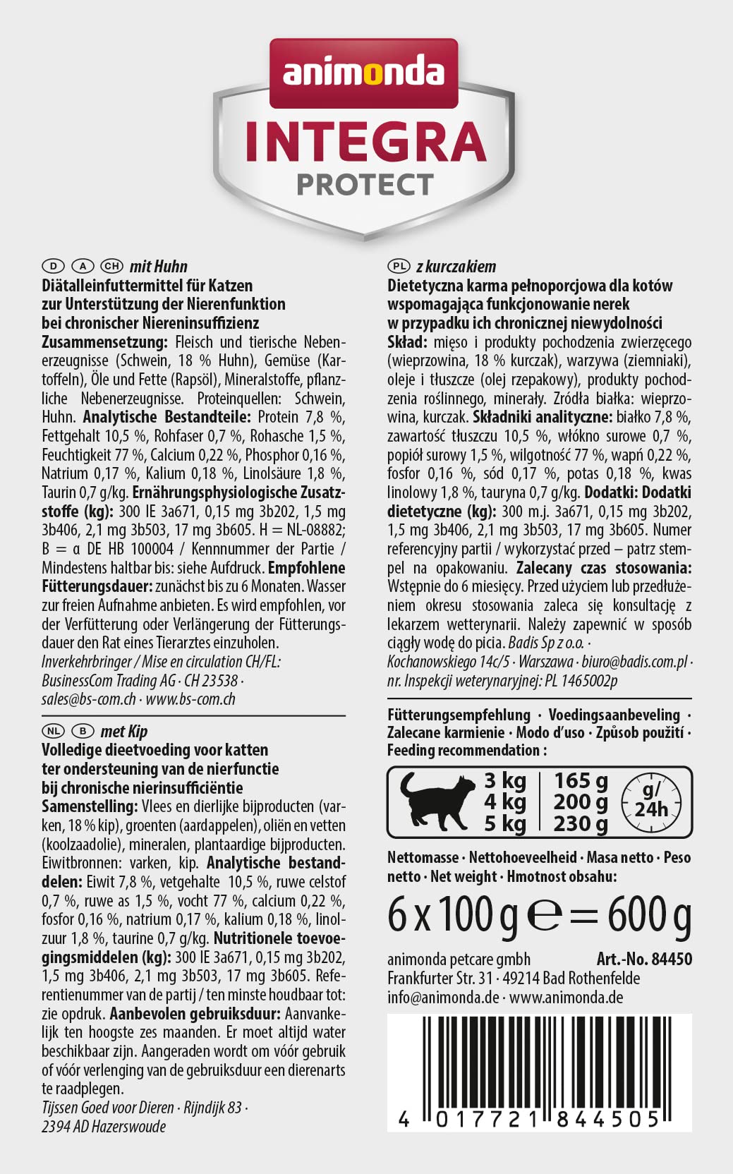 INTEGRA PROTECT karma dla kotów mokra renal (nerki), kura (6 x 100 g), zalecana przez weterynarza w przypadku niewydolności nerek, karma uzupełniająca opracowana przez weterynarzy dla dorosłych kotów