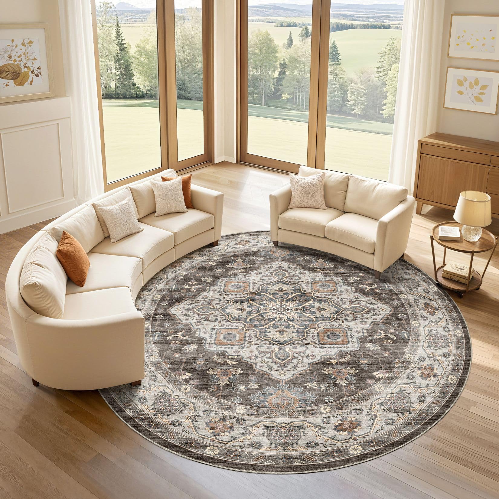 LOONGRUG Round Rug 7x7 Washable Vintage Boho Living Room Rug Grey Brown