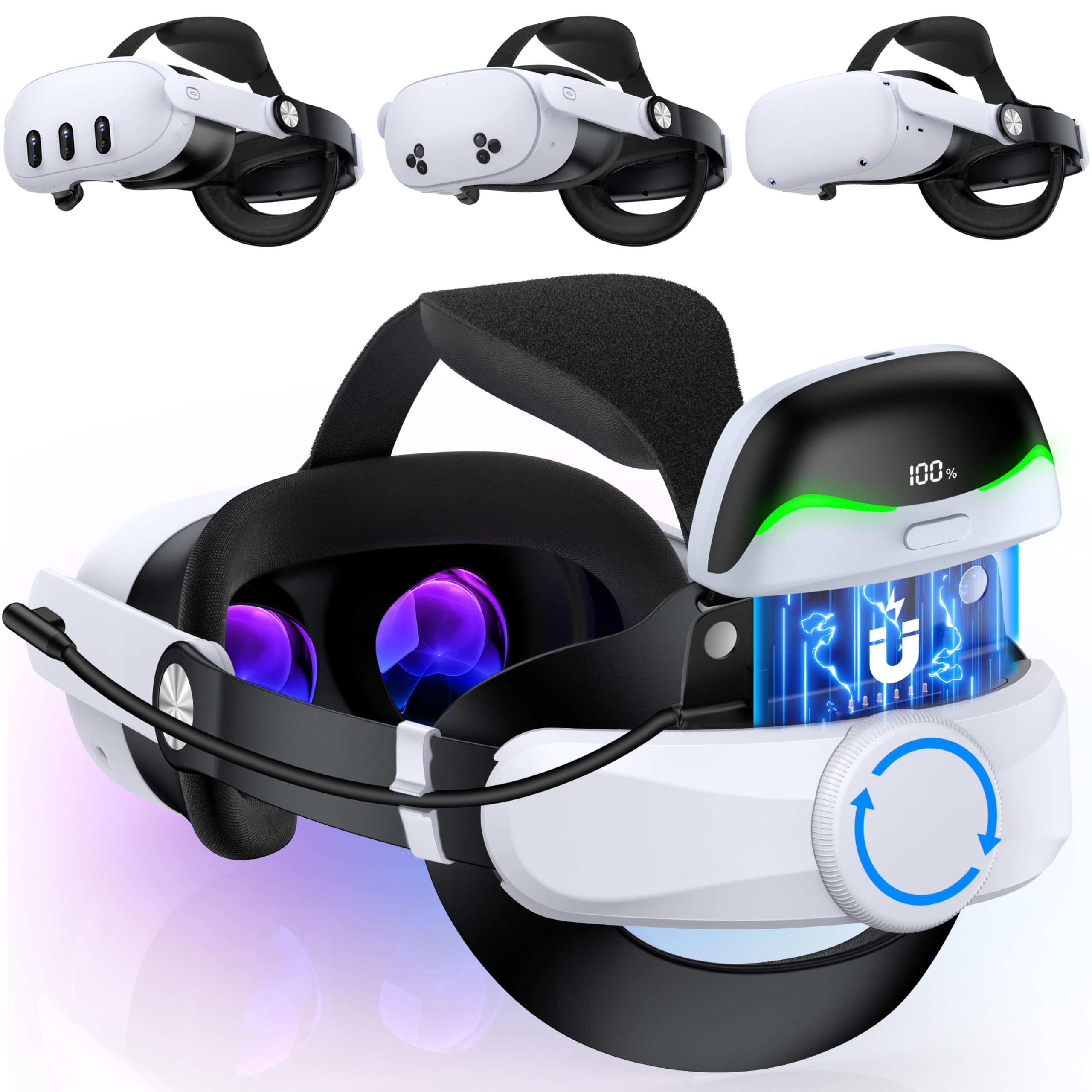 Diadema ligera compatible con Quest 3/3S/ Quest 2, cómoda diadema magnética VR para accesorios Meta Quest 3/2, juego de cinta ajustable, soporte y comodidad mejorados, estilo C blanco