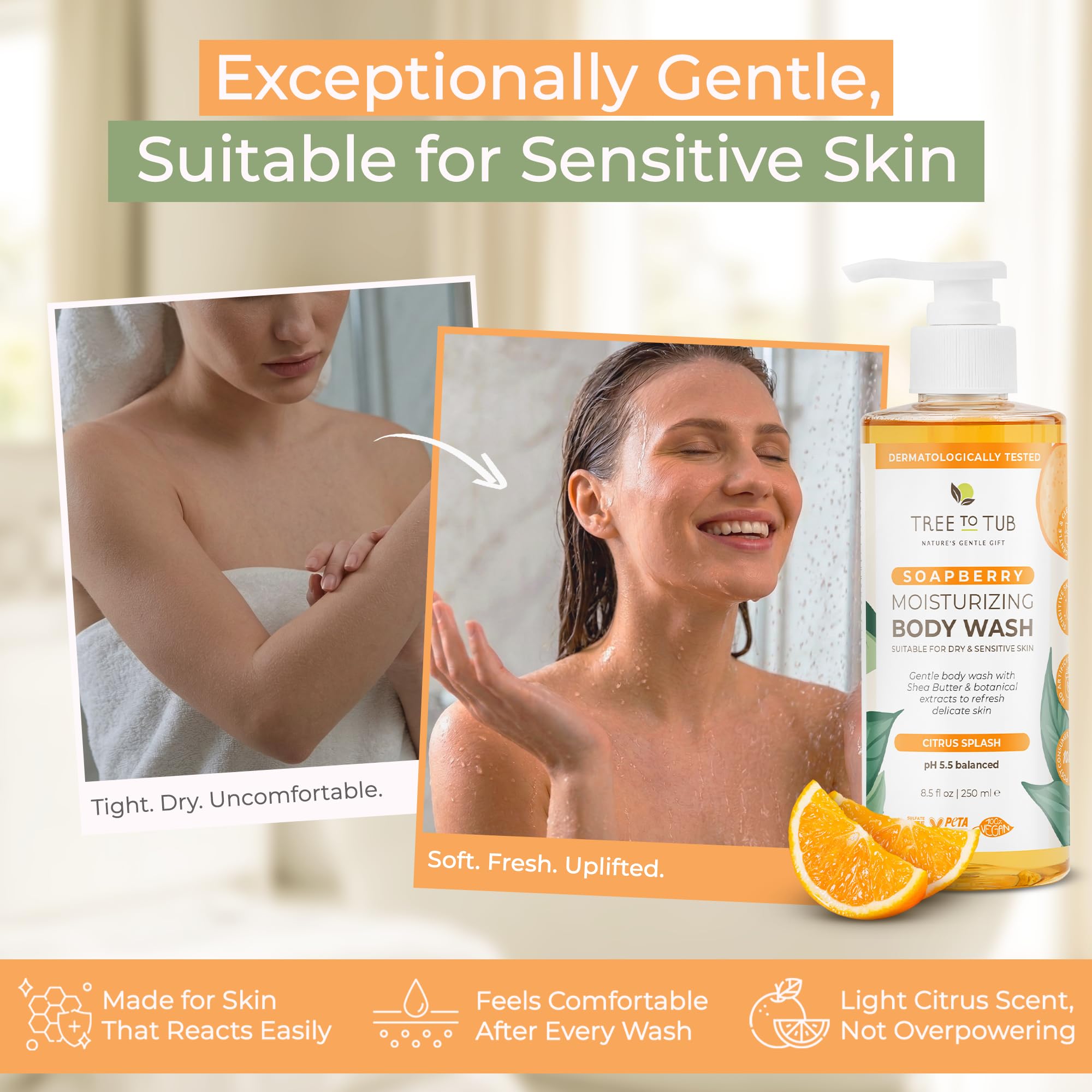 Tree To Tub Gel douche aux agrumes pour peaux sèches et sensibles – Gel douche hydratant au pH équilibré, savon hydratant sans sulfate pour homme et femme avec beurre de karité bio, aloe vera, baie de