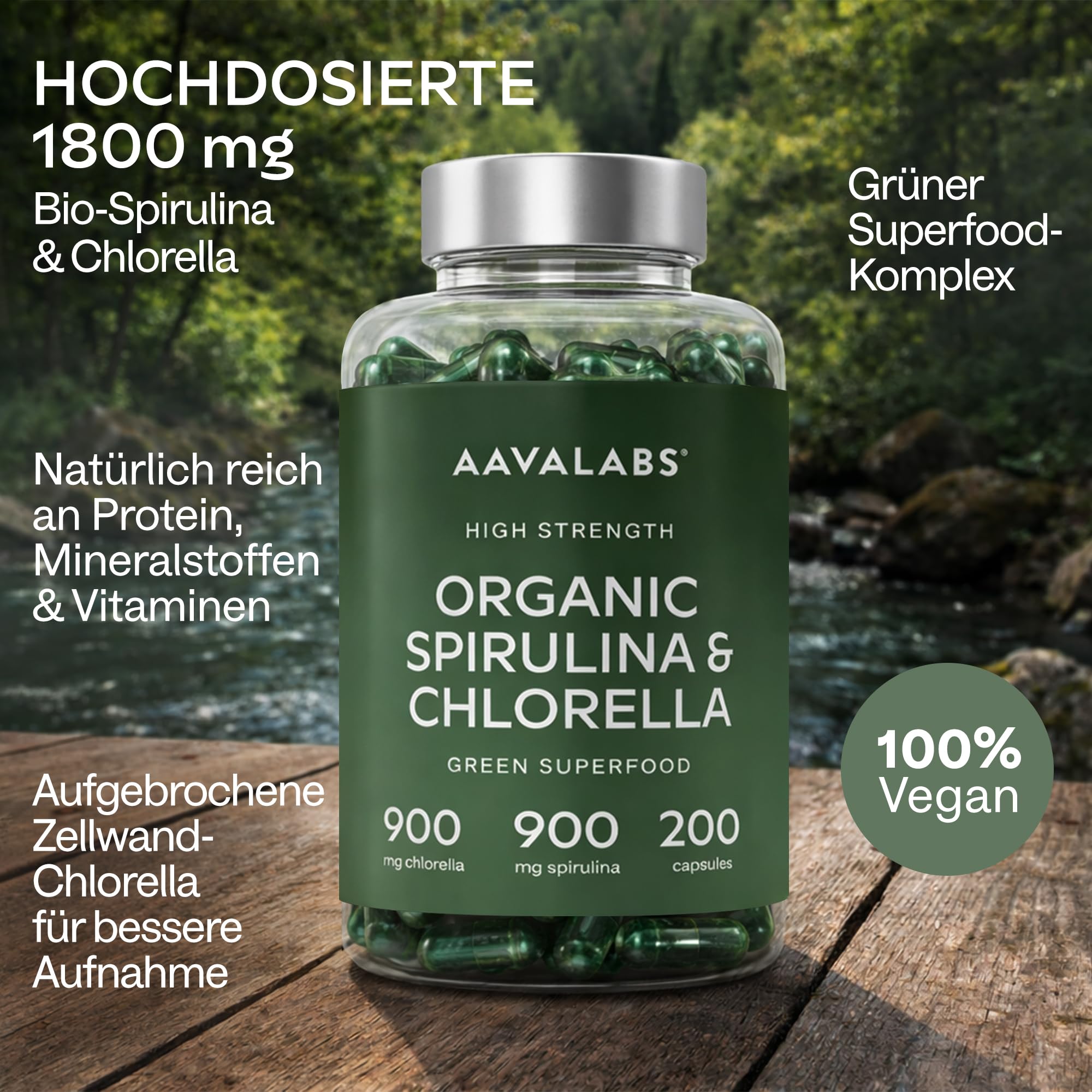 Bio Spirulina Chlorella Algen Kapseln [1800mg pro Dosis] - 200 Spirulina Pulver und Chlorella Pulver Kapseln Hochdosiert, 100% Vegan und Glutenfrei