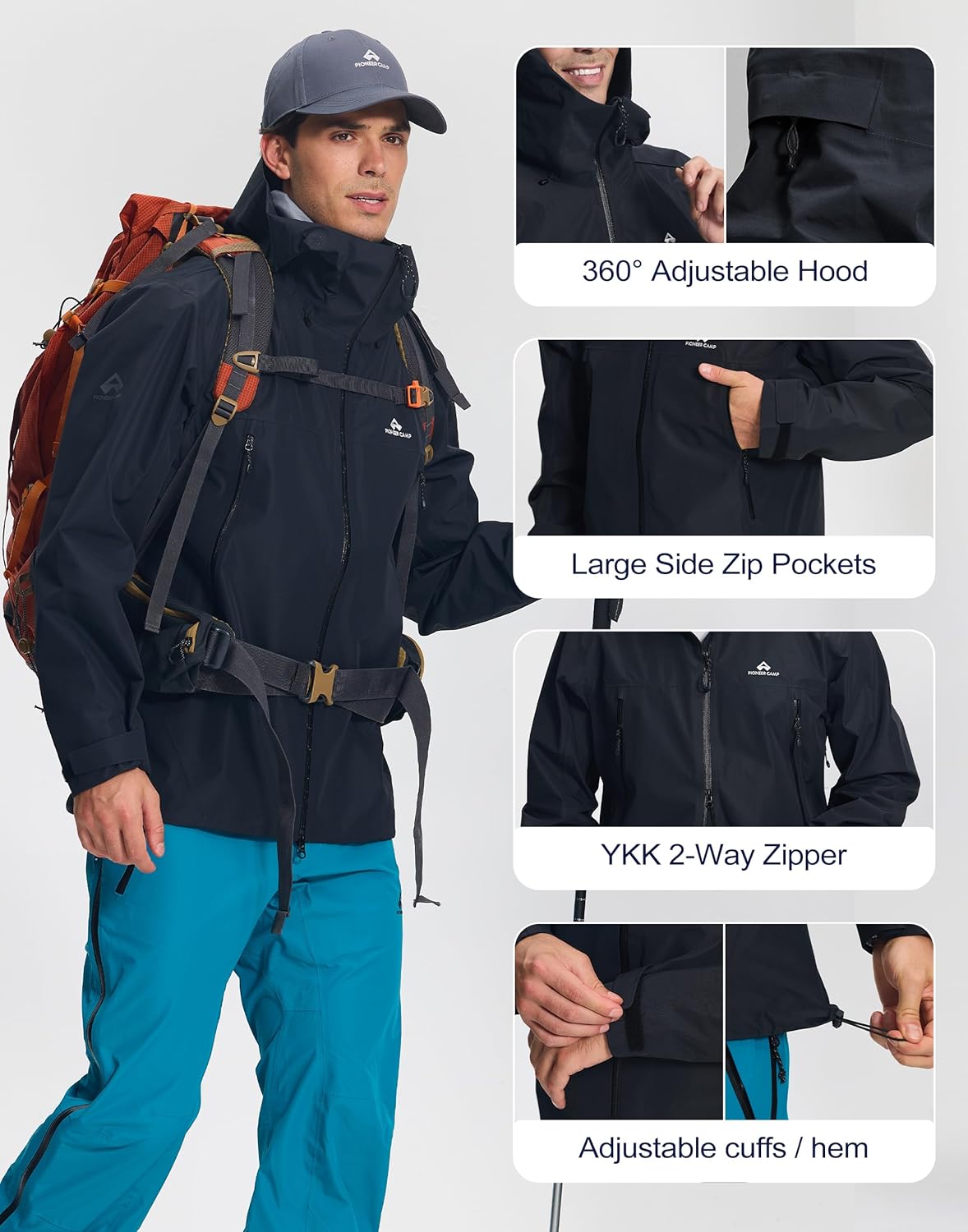 Pioneer Camp Men’s 3L Waterproof Rain Jacket Windbreaker Shell Jacket Raincoat with Hood Durable Outdoor Hiking Ski