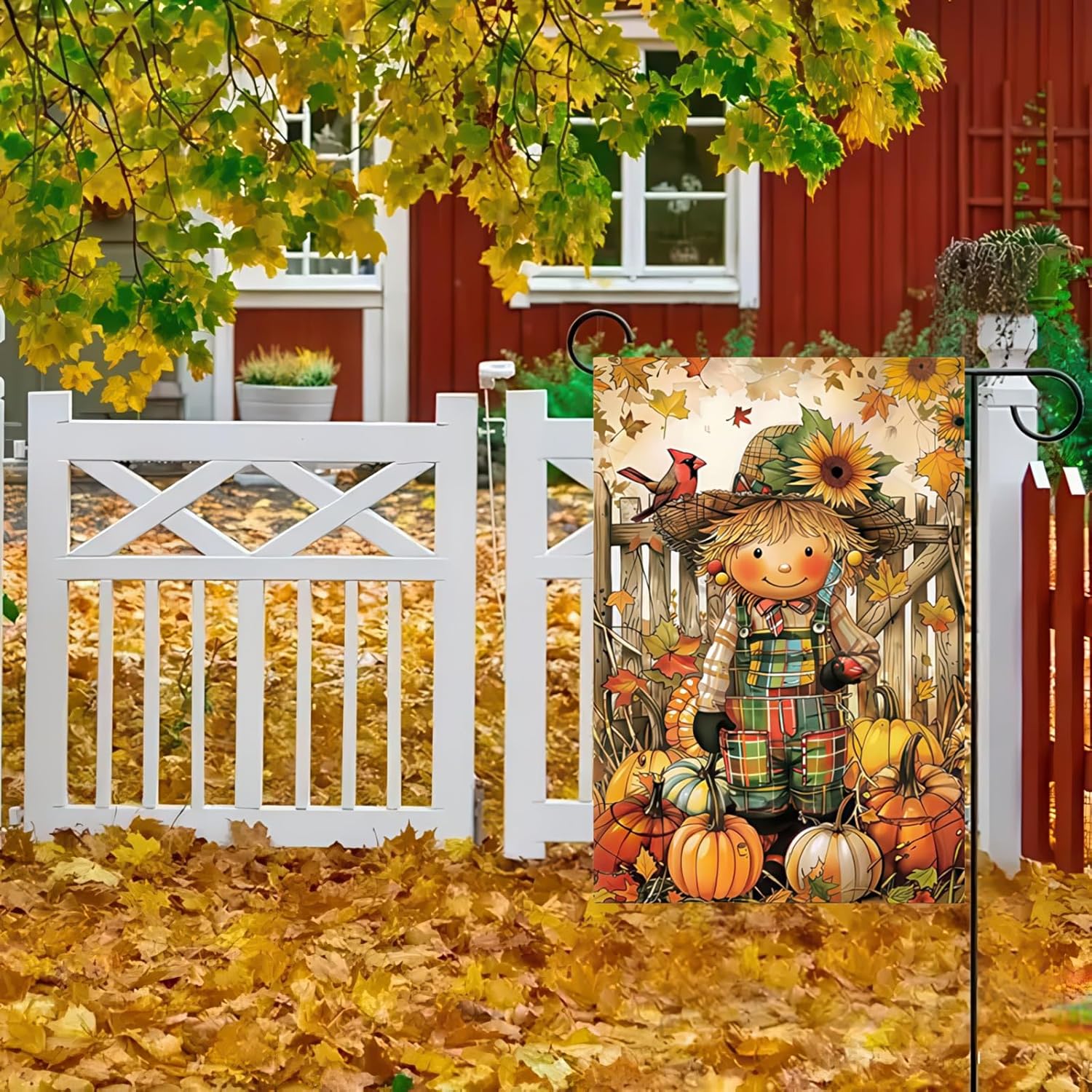 Thanksgiving Fall Garden Flag 12x18 Inch Scarecrow Garden Flag Double Sided Fall Welcome Sign Yard Porch Home Decor Small Pumpkins Garden Flags Outside Farmhouse Decoration Banner - Image 2