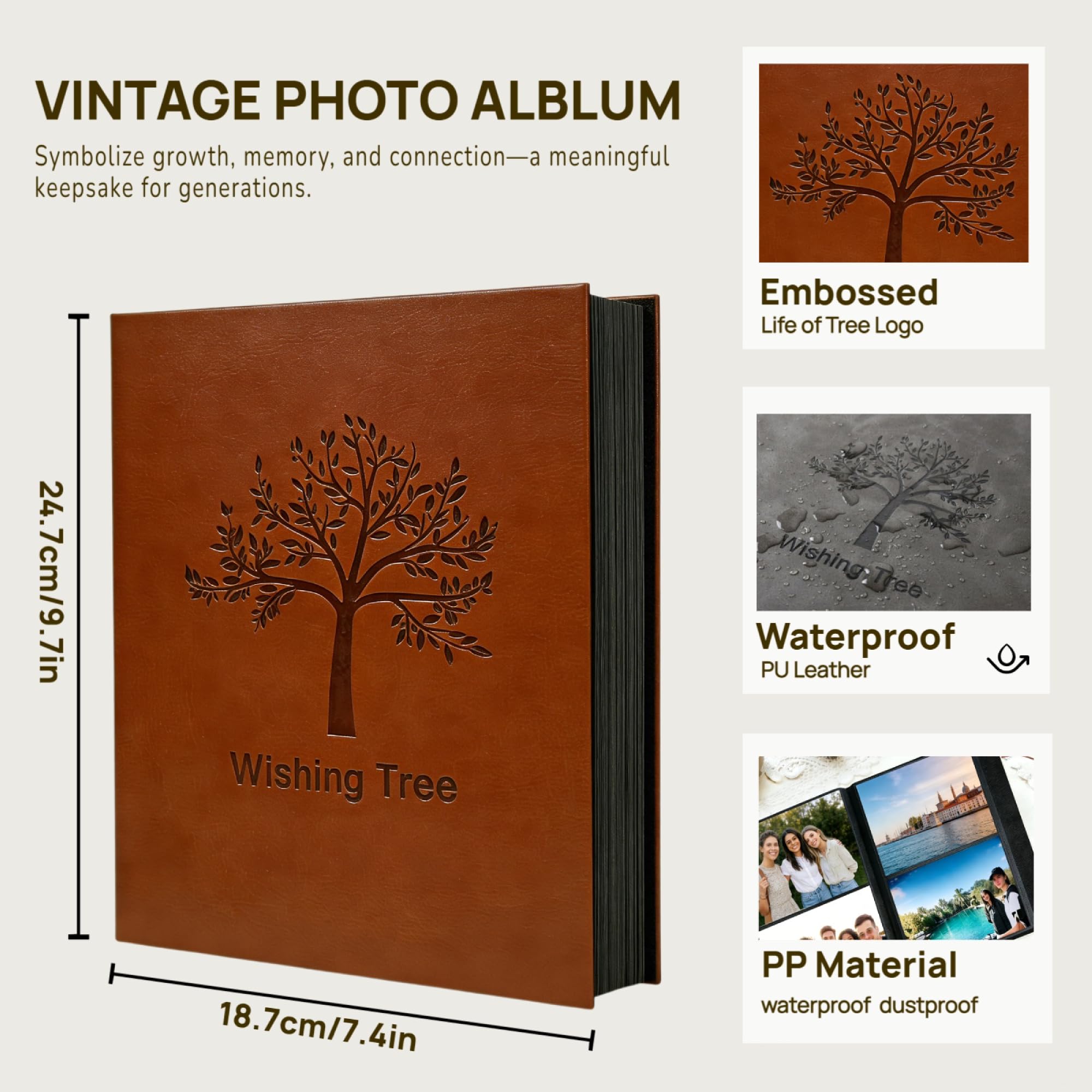 Life of Tree Fotoalbum für 10 x 15 cm Fotos, Vintage, veganes Ledereinband, 200 Taschen, perfektes Bilderbuchalbum für Hochzeit, Baby, Familie, Reiseerinnerungen, Jubiläen & Abschlussfeiern, Braun