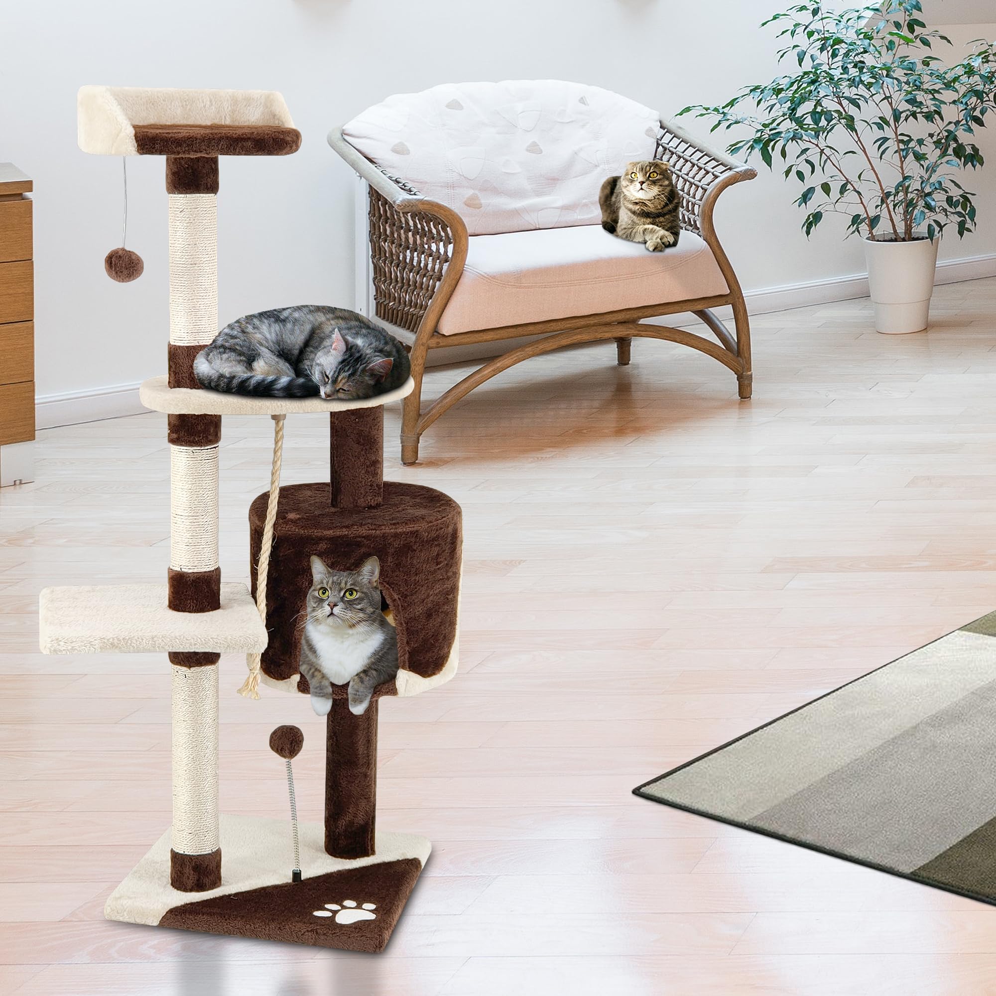 Beltom® TIRAGRAFFI per Gatto Alto 112 CM Parco Gioco Giochi GRAFFIATOIO SISAL Cuccia Albero Gatti Tira Graffi Palestra - Marrone-Beige
