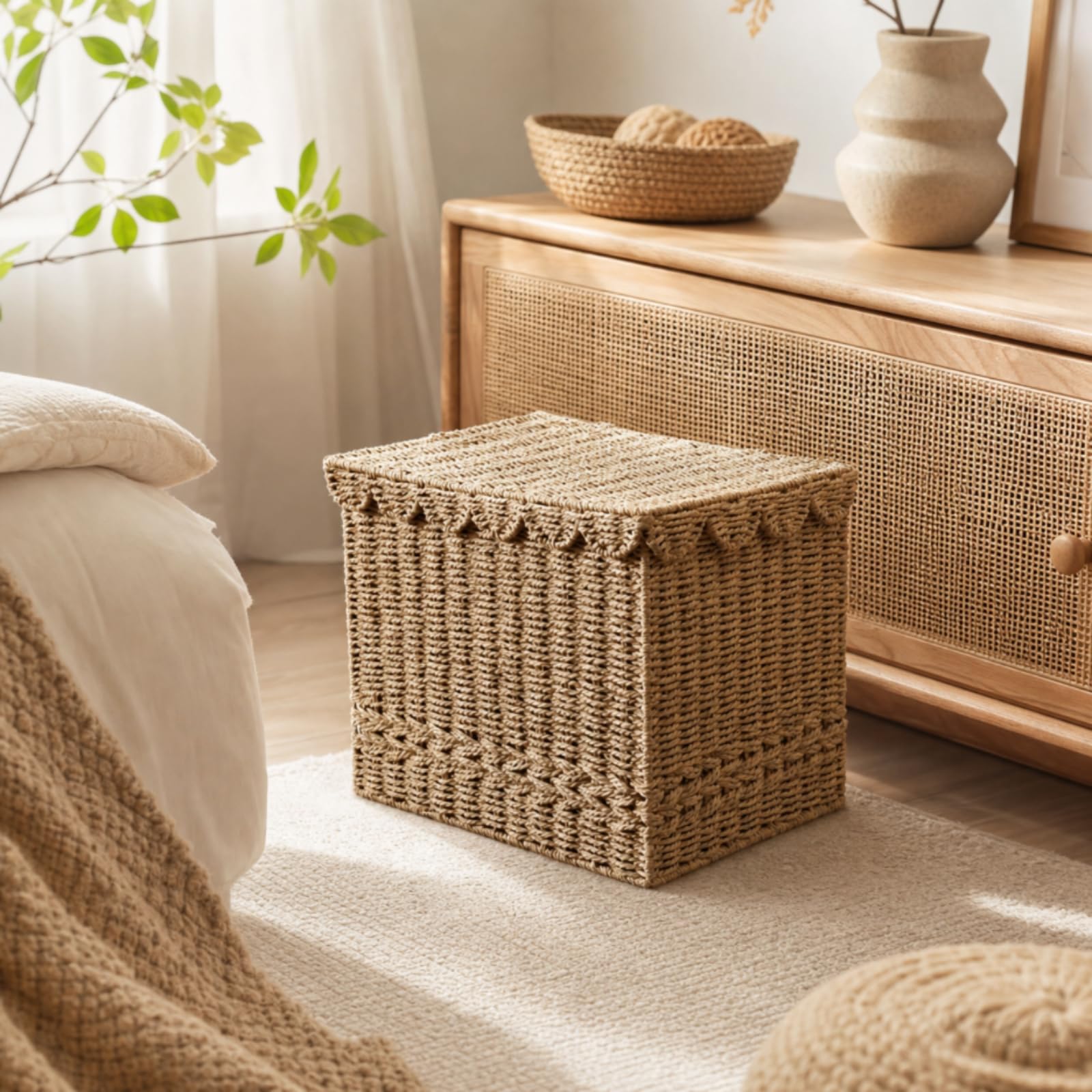 Baoblaze Cesto Portabiancheria Cesta Contenitore Paniere con Coperchio in Corda Intrecciata con Pizzo E Fodera Interna Adatto Cameretta 42cmx40cmx35cm