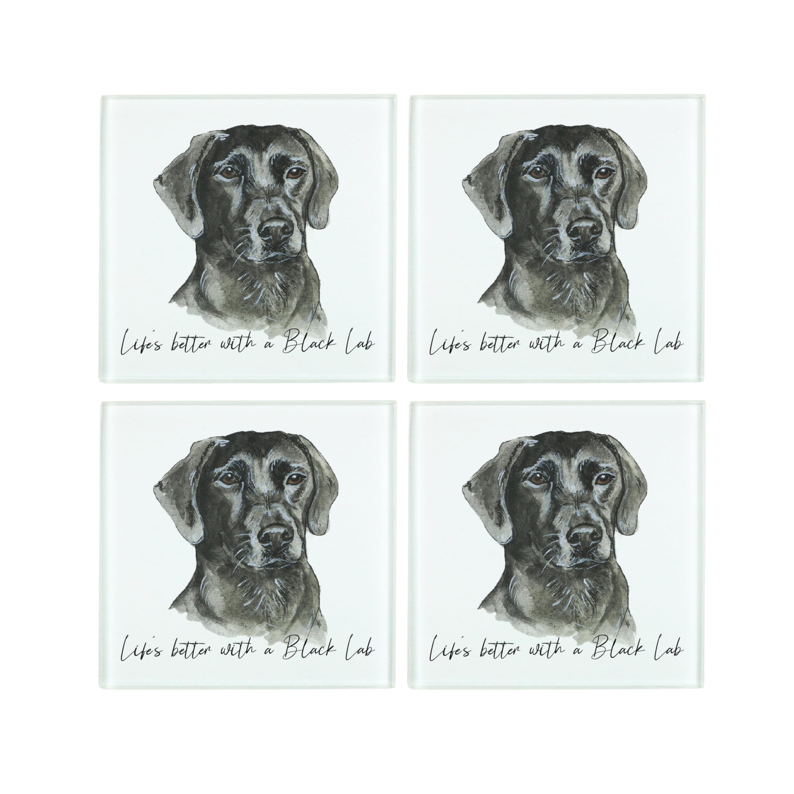 Purely Home Black Labrador Coaster Set - Life's Better With A Dog Gift - Square Glass Set Of Four (4) Coasters