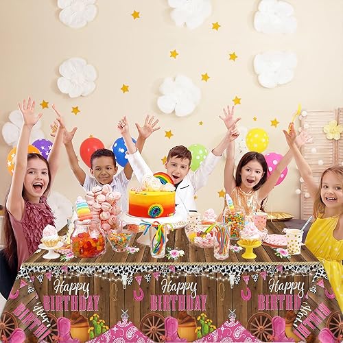 Miniatura 5 de Mantel para fiesta de cumpleaños de vaquera occidental, 3 piezas, 108 x 54 pulgadas, mantel de plástico con temática de vaquera, decoración y