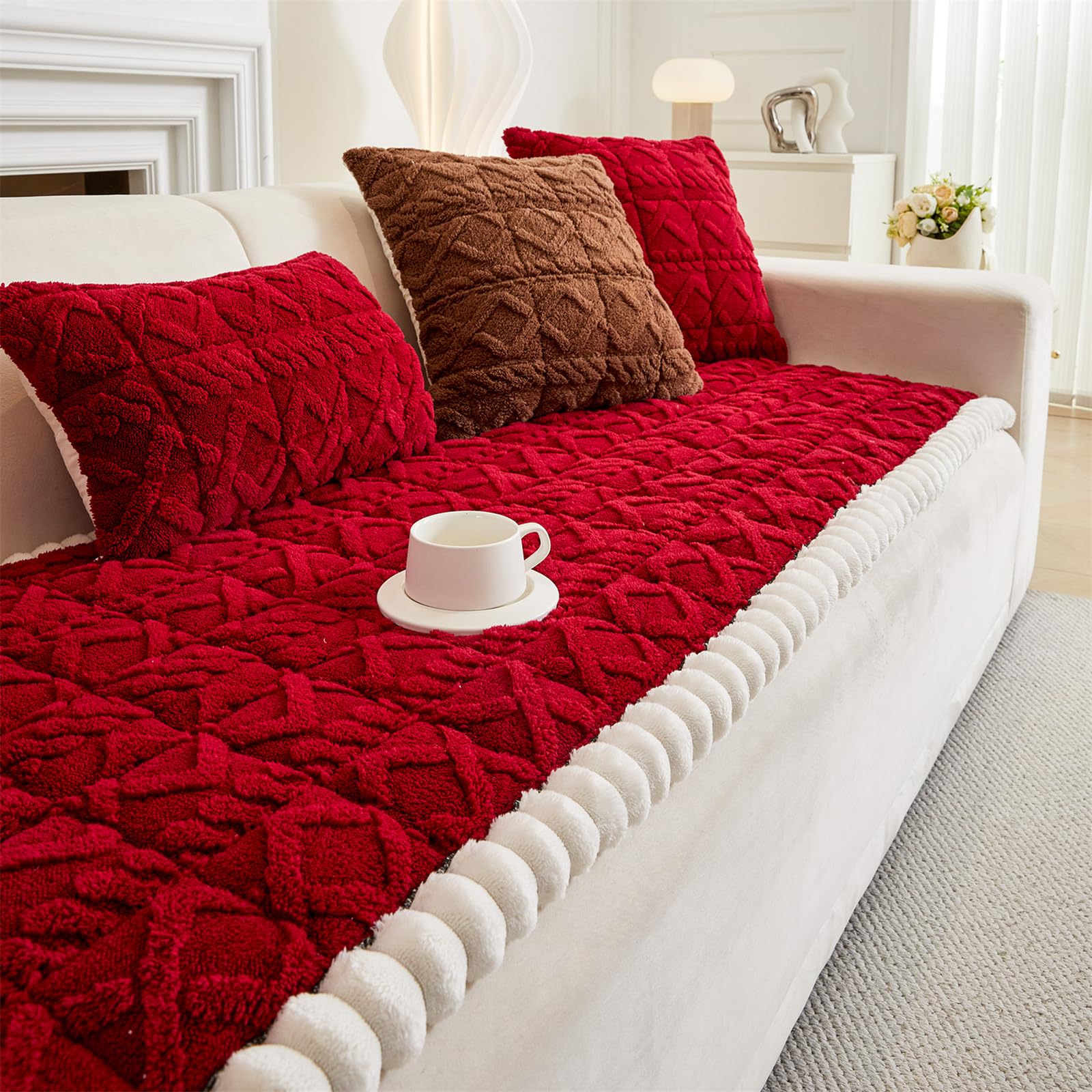 LINGKY Sofa Covers 1 2 3 4 Seater Non Slip Sofa Slipcovers Super Soft Fluffy & Cozy Jacquard Tufted Sofa Cushion Covers Pet Couch Covers Sofa Protectors from Pets/Kids/Dogs (Red, 70x180cm)