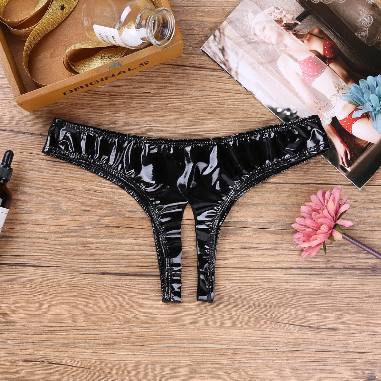 JanJean Womens Patent Leather High Cut Open Crotch Thongs Low Waist Bikini Briefs Panties Underwear
