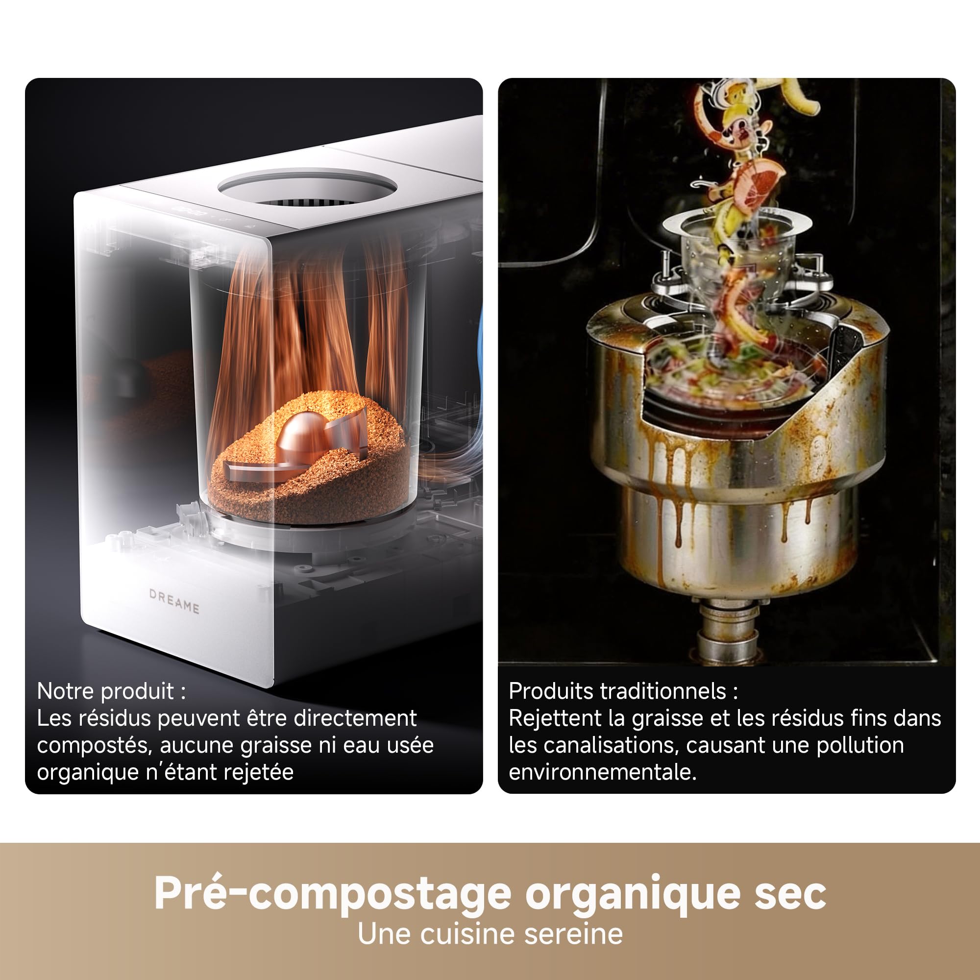 DREAME SF25 WiFi Broyeur de déchets alimentaires, Contrôle via application, Système triple lame, Filtre à charbon lavable, Anti-odeurs, Capacité 2,5 l, Nettoyage auto haute temp., Compact, Silencieux