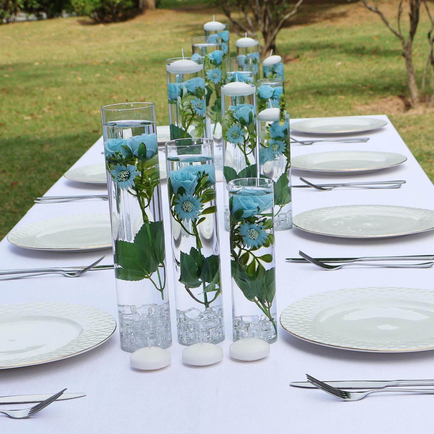 Floating Flower for Table Centerpieces Artificia Blue Rose Plastic Vase Fillers with Floating Candles Clear Water Beads and Fake Ice Decoration for Wedding Party Home Bar Restaurant Festival