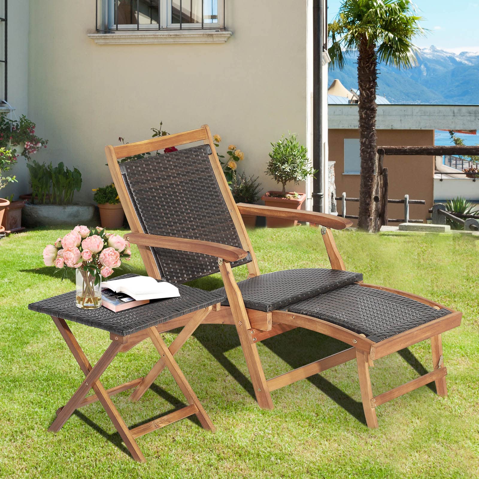 COSTWAY Sonnenliege klappbar, Gartenliege mit Klapptisch & ausziehbarer Fußteil, wetterfester Liegestuhl aus Polyrattan und Akazienholz, Relaxliege bis 160 kg belastbar, für Balkon, Garten, Terrasse