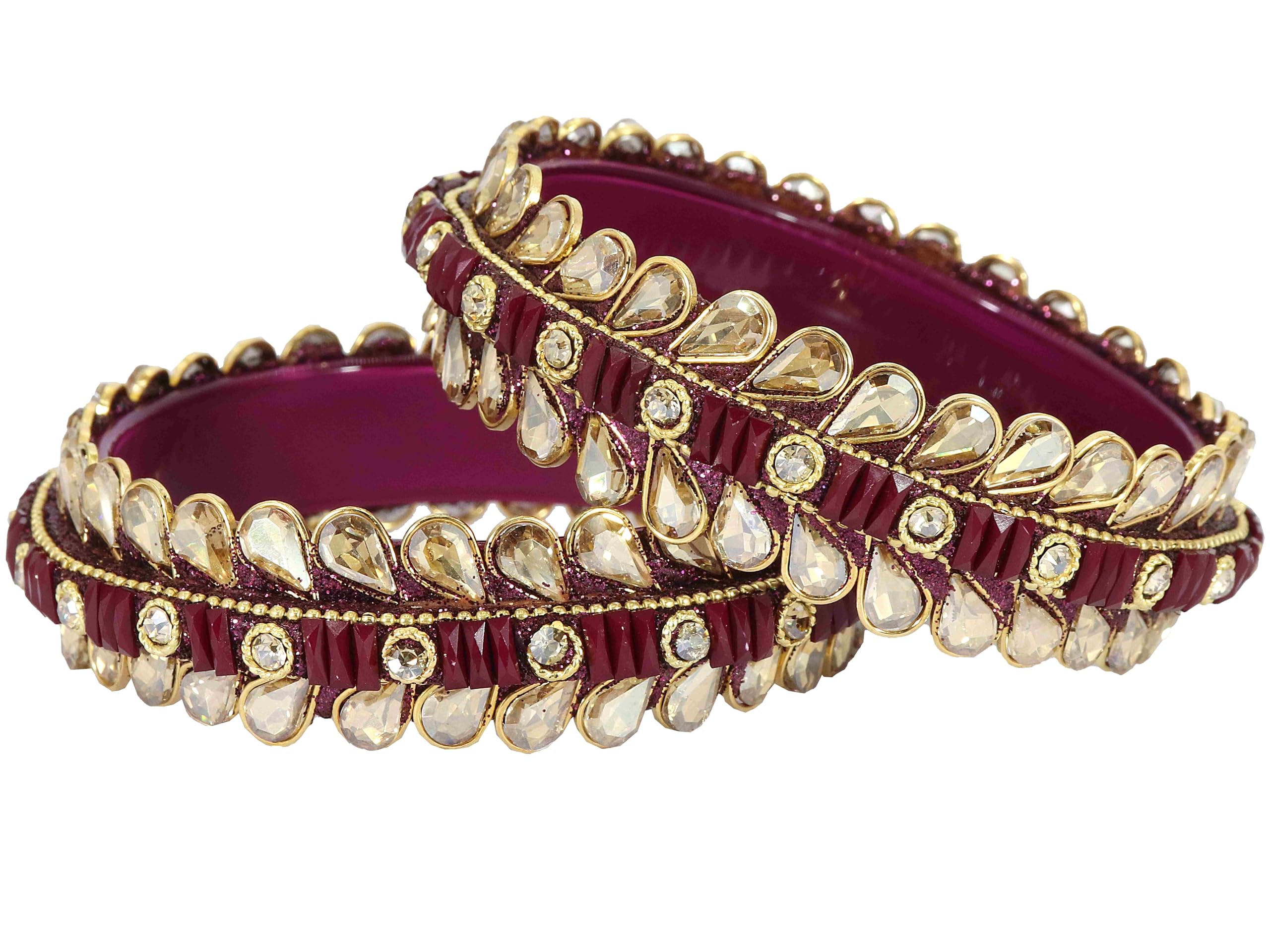 NMIIGlass Golden Zircon Stone & Kundan Beads Kada Set For Women & Girls | Fancy Design Kada Bangles | Traditional Look Kangan | Glass Bangles For Women Wedding, Party, Function, Daily use- Set of 2