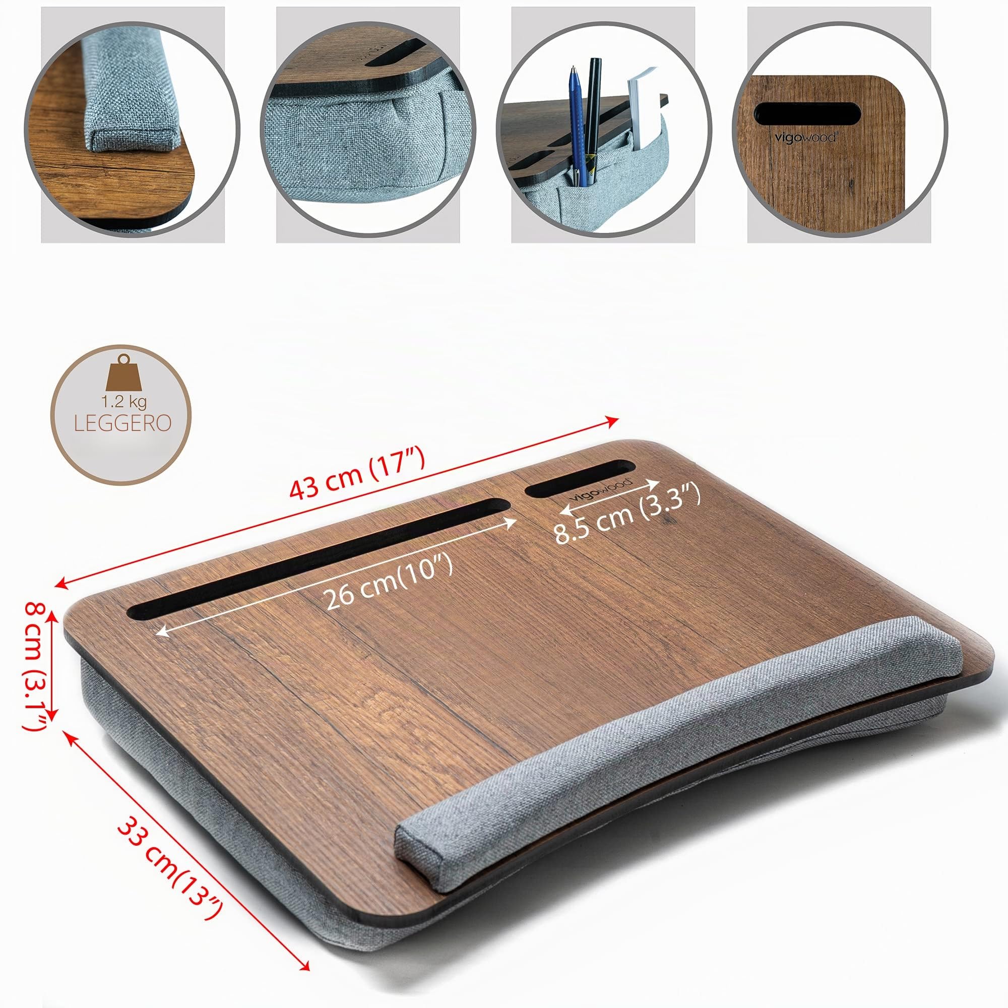 Vigo Wood Scrivania Portatile su Grembo con Cuscino,Vassoio Morbido da Divano per Ufficio Domestico, Leggero e Portatile con Poggiapolso, Adatto per Laptop,Tablet fino a 15.6'' e Supporto per Telefono