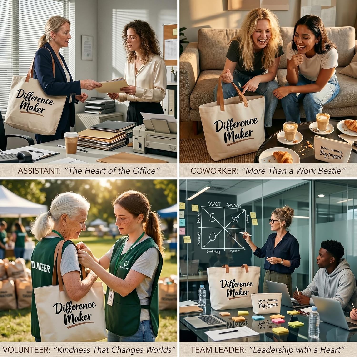 ELEGANTPARK Coworker and Teacher Appreciation Gifts for Women Canvas Tote and Pouch Difference Maker Employee Volunteer Thank You Gifts Farewell Administrative Professionals Day Office Assistant