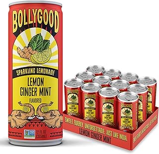 Bollygood Sparkling Lemonade, Lemon Ginger Mint, Indian Inspired Beverage Nimbu Pani, No Artifical Colors or Flavors, Non-GMO Project Verified,12 FL OZ Cans (Pack of 12)