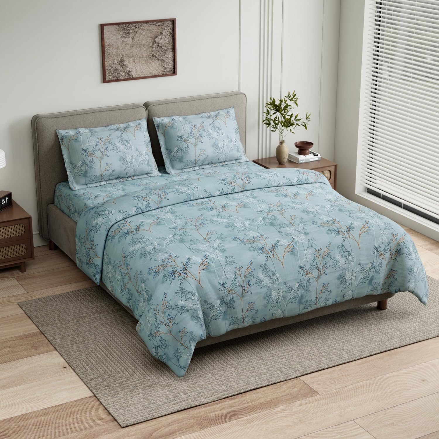haus & kinder King Size Bedsheet for Double Bed with 2 Pillow Covers 108 x 108 Inches | 144 TC Cotton Bedsheet for King Size Bed - Serene Branch Blue