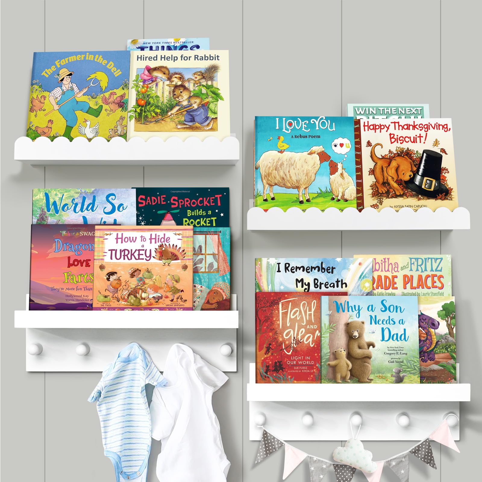 Ollieroo Set of Four Floating Book Shelves for Wall, Nursery Book Shelf for Kids Room, Bamboo Wood Hanging Bookshelf for Baby Teen Boys Girls, Wall