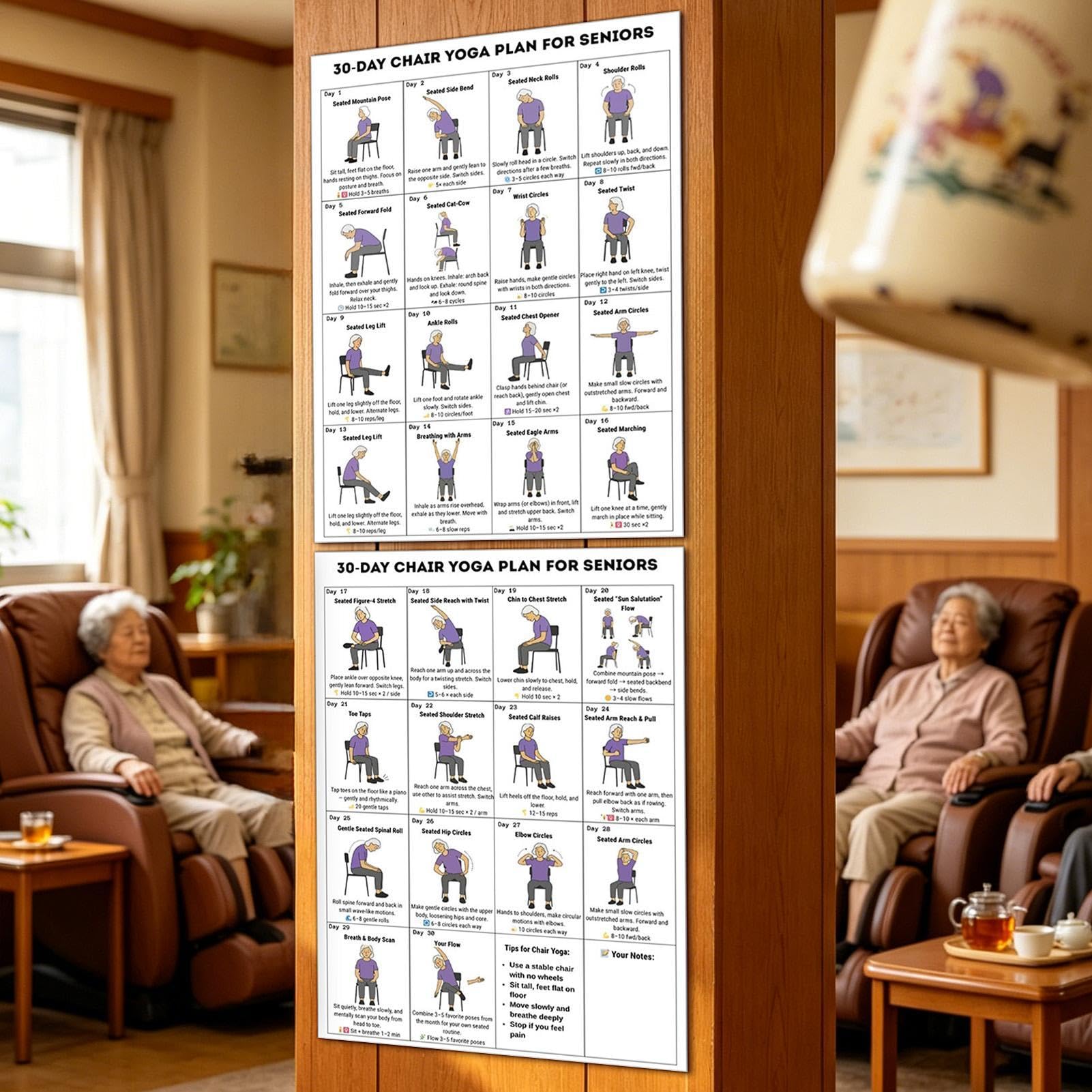 Plakat fitness w pozycji siedzącej, wykres jogi na krześle, przewodnik ćwiczeń 20 x 25 cm z ilustrowanymi krokami, ekspozycja papieru dla osób starszych, układ instrukcji montażu na ścianie