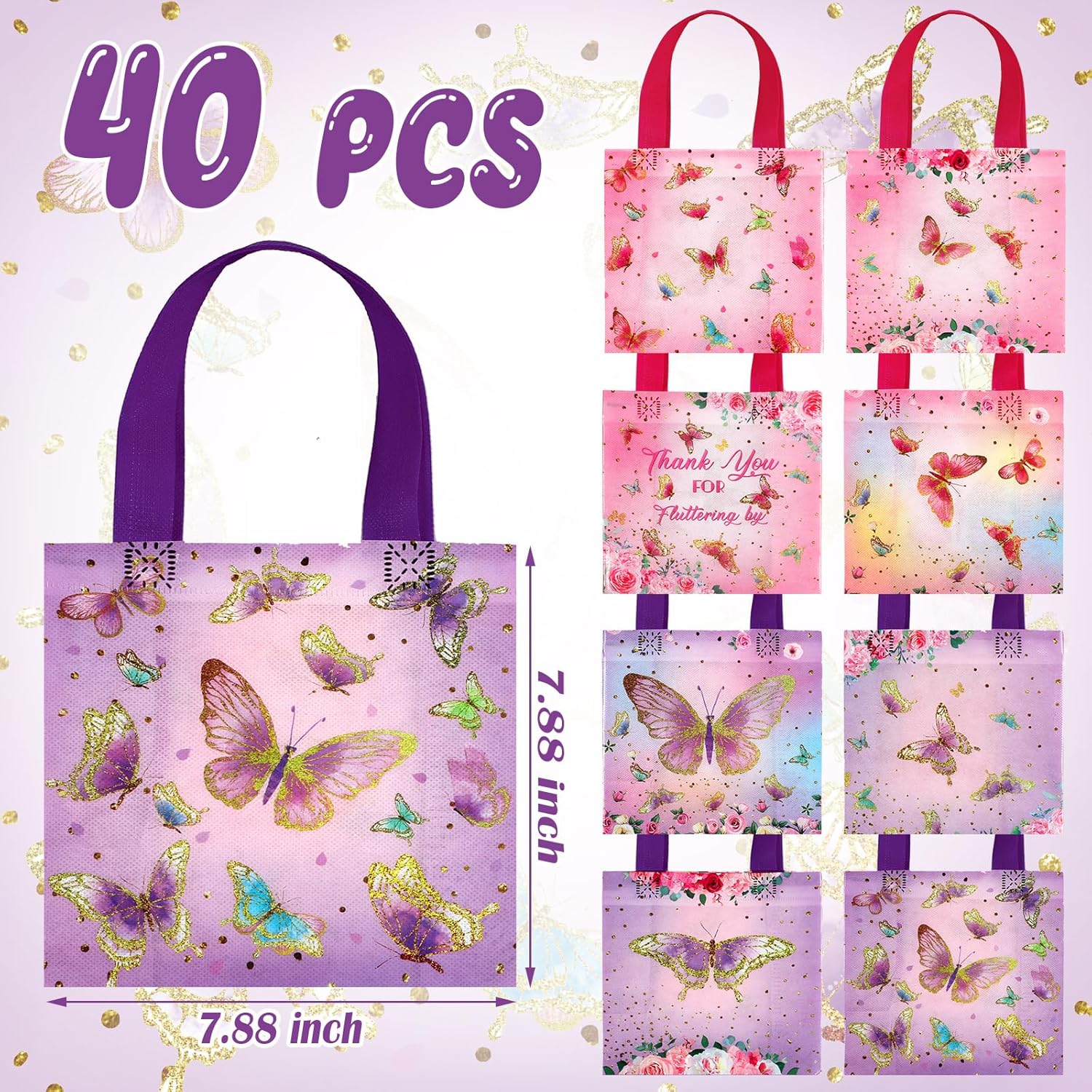 Sweetude 40 Pcs Butterfly Gift Bags Pink and Purple Reusable Totes with Handles Non Woven Butterfly Stylish Candy Bags for Birthday Party - Image 4