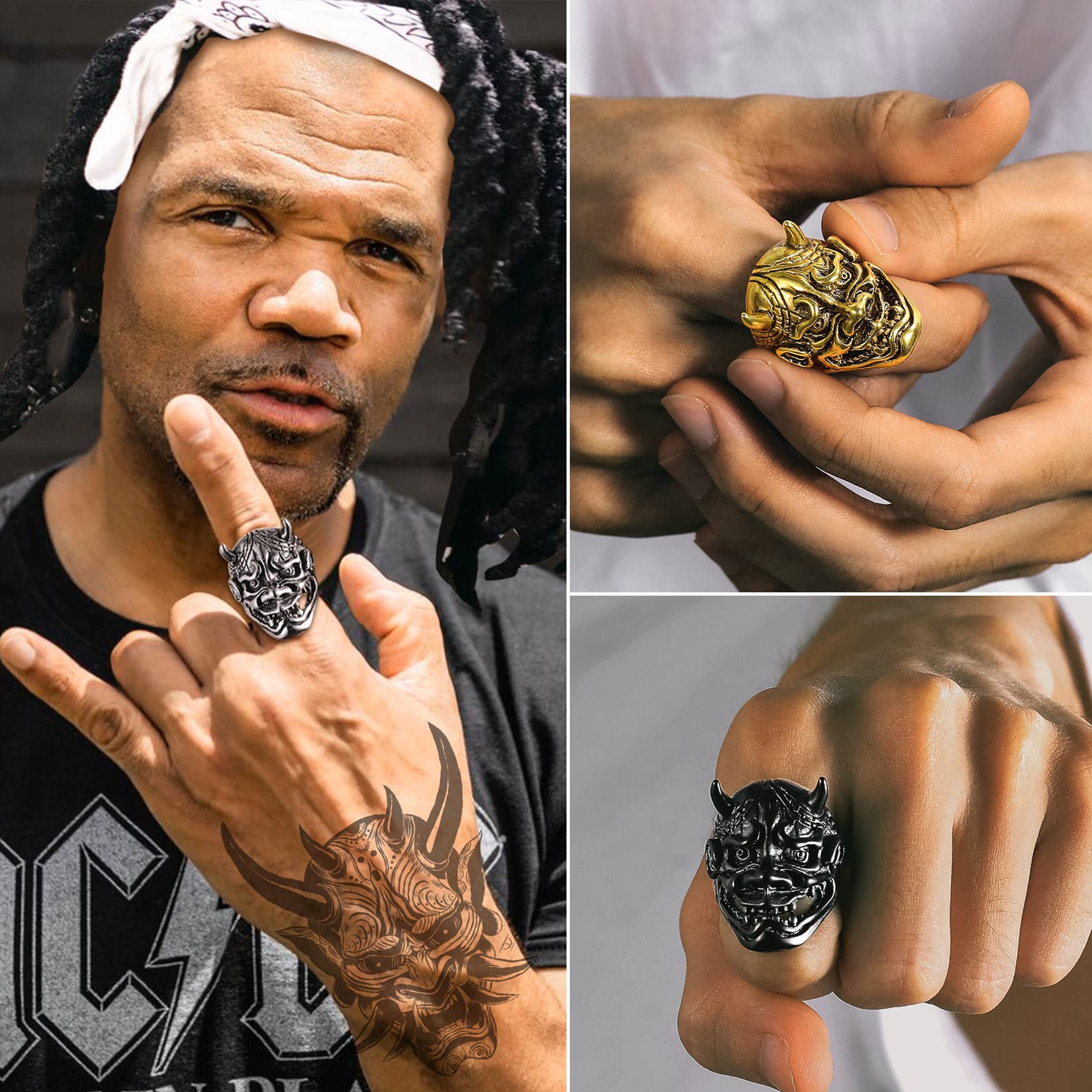 U7 Anillos Plateados de Diablos Acero Inoxidable 316L Talla 9 Joyería Gótica Punk para Halloween Anillos Cúbicos Cabezas Cráneos Esqueléticos Regalo Aniversario