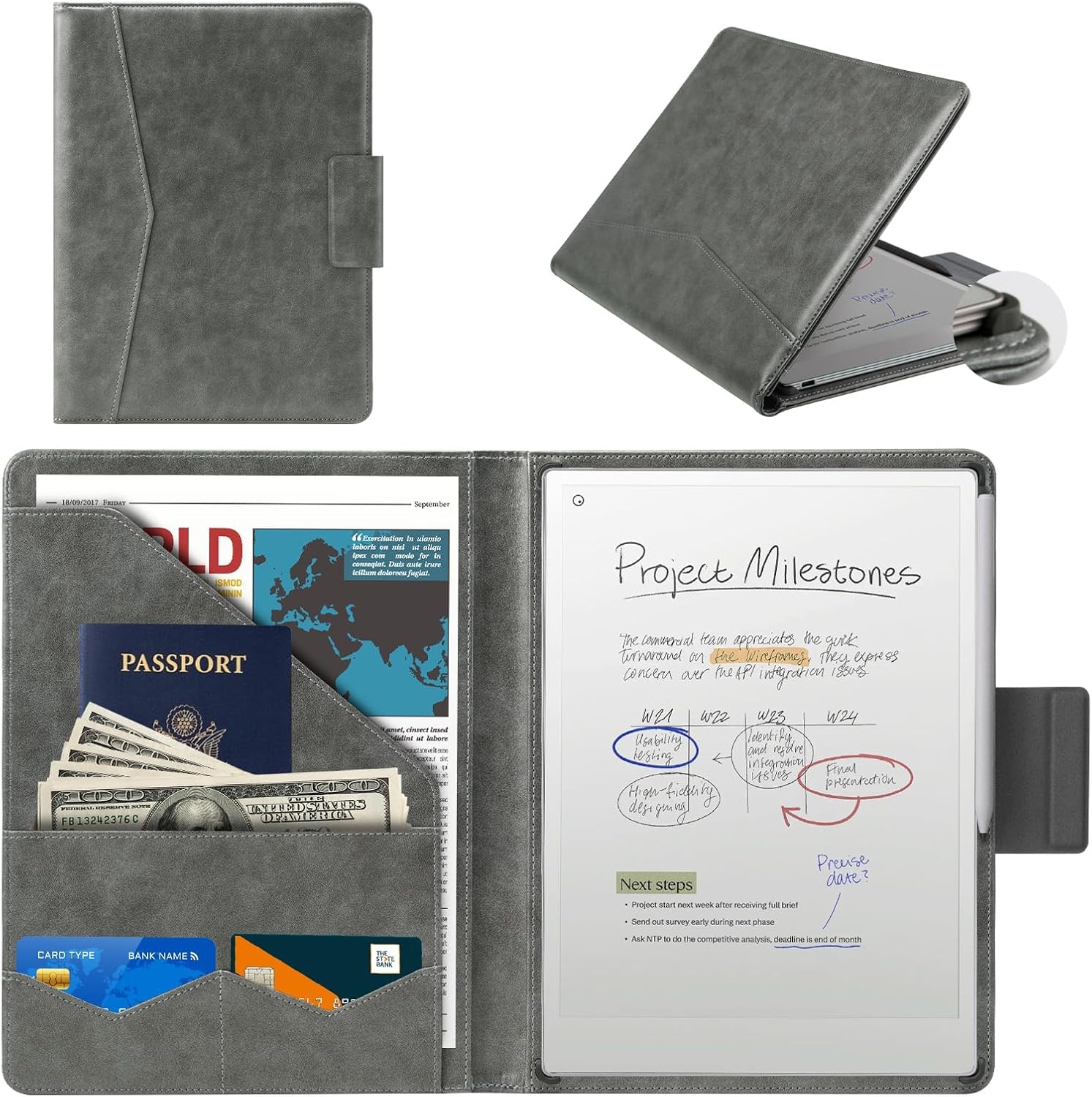 CoBak Premium PU Leather Case for Remarkable Paper Pro 11.8" (2024)  Slim Magnetic Back Cover with Auto Sleep/Wake, Folder Design, Magnetic Pen Holder Strap, Gray Leather