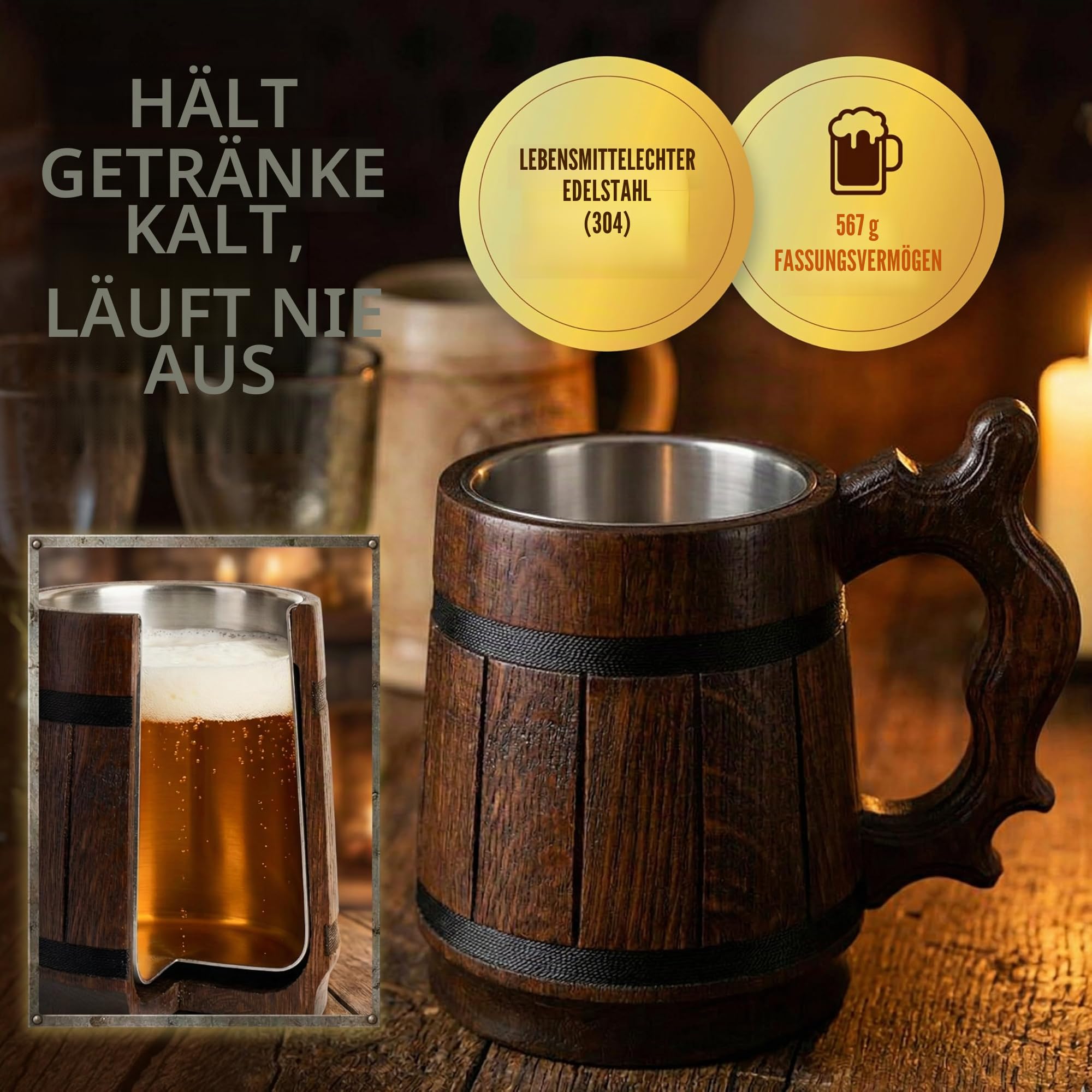Handgefertigter Bierkrug aus Eichenholz Edelstahl Tasse Natürlich Umweltfreundlich 0,6 Liter 20 Unzen Krug Retro braun