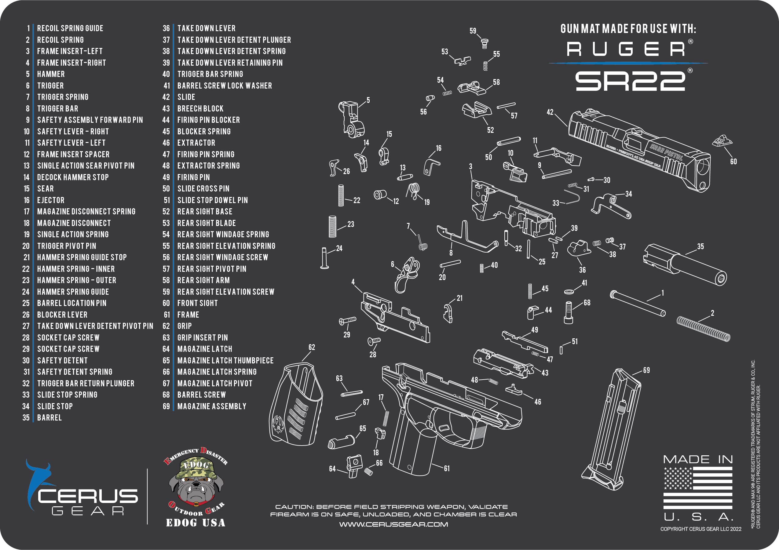 SR22 Gun Cleaning Mat - Schematic (Exploded View) Diagram Compatible with Ruger SR22 Series Pistol 3 mm Padded Pad Protect Your Firearm Magazines Bench Surfaces Gun Oil Solvent Resistant, Black