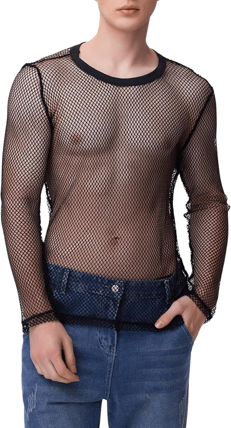 WDIRARA Men's Fishnet Mesh Round Neck Long Sleeve T Shirt See Throught Tee Tops