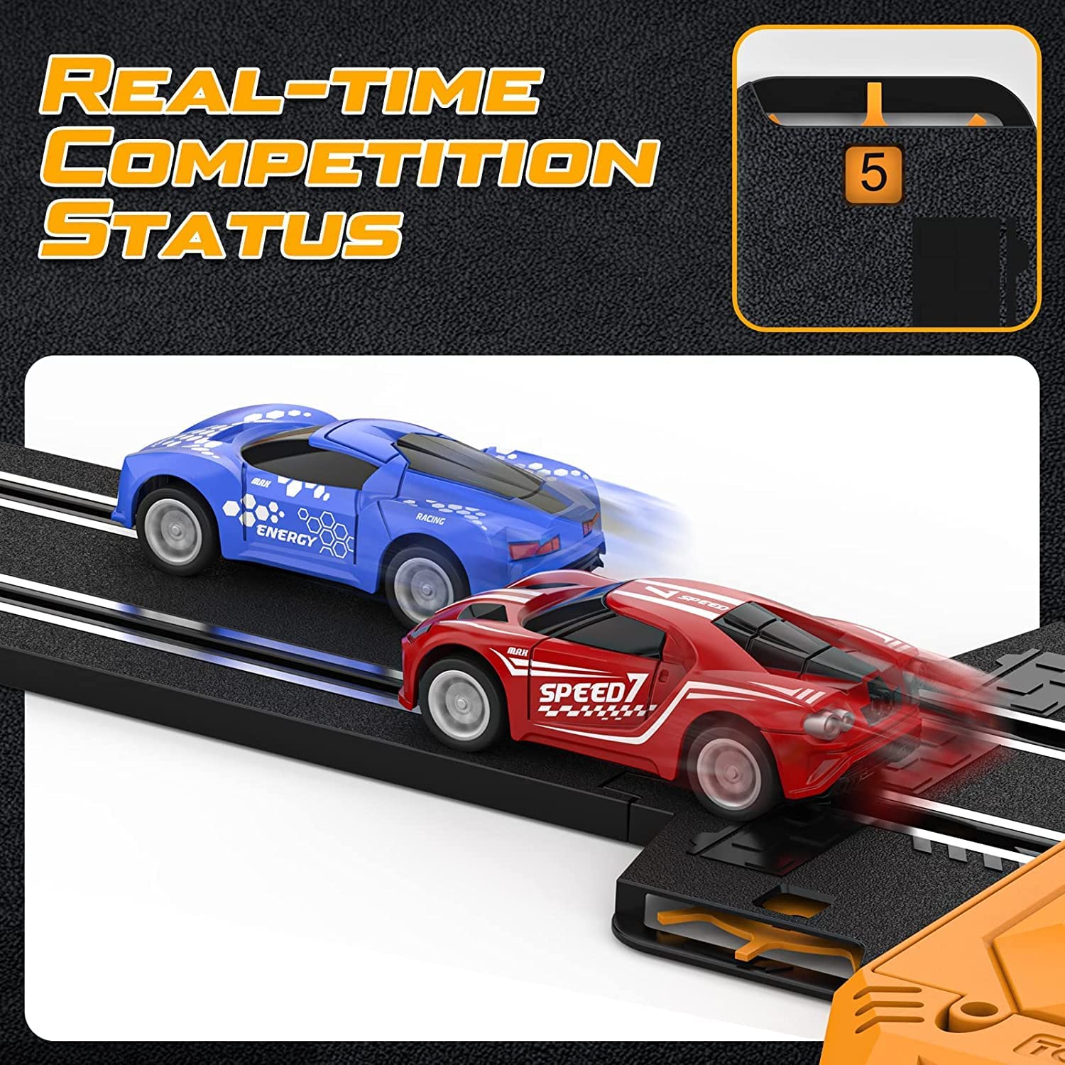 JOYJAY 18.4 Ft Slot Car Race Track Sets for Boys Kids High-Speed Battery or Electric Race Car Track with 4 Cars, Dual Racing Game 2 Controllers Lap Counter Circular Overpass Track,Toys Gifts for Boys 2