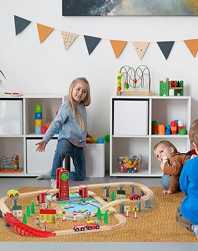 Miniatura 3 de SainSmart Jr. Juego de tren de madera para niños pequeños, pista de tren de madera de doble cara con 4 trenes para Brio, Thomas, Melissa y Doug, kit