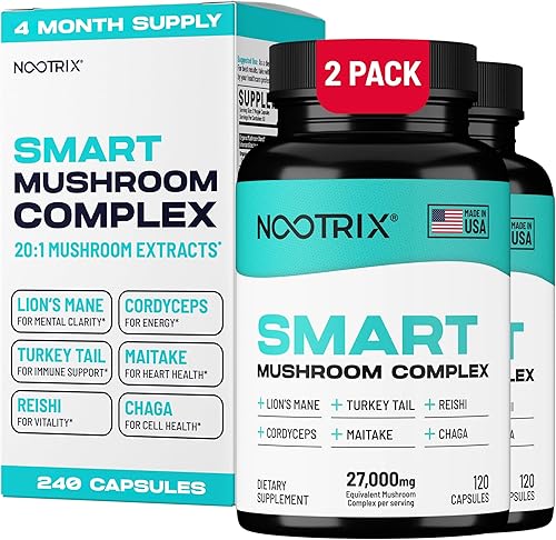 Nootrix Suplemento complejo de hongos inteligentes  Apoya la memoria, el enfoque mental, la salud cognitiva y la energía  27,000 mg de hongos
