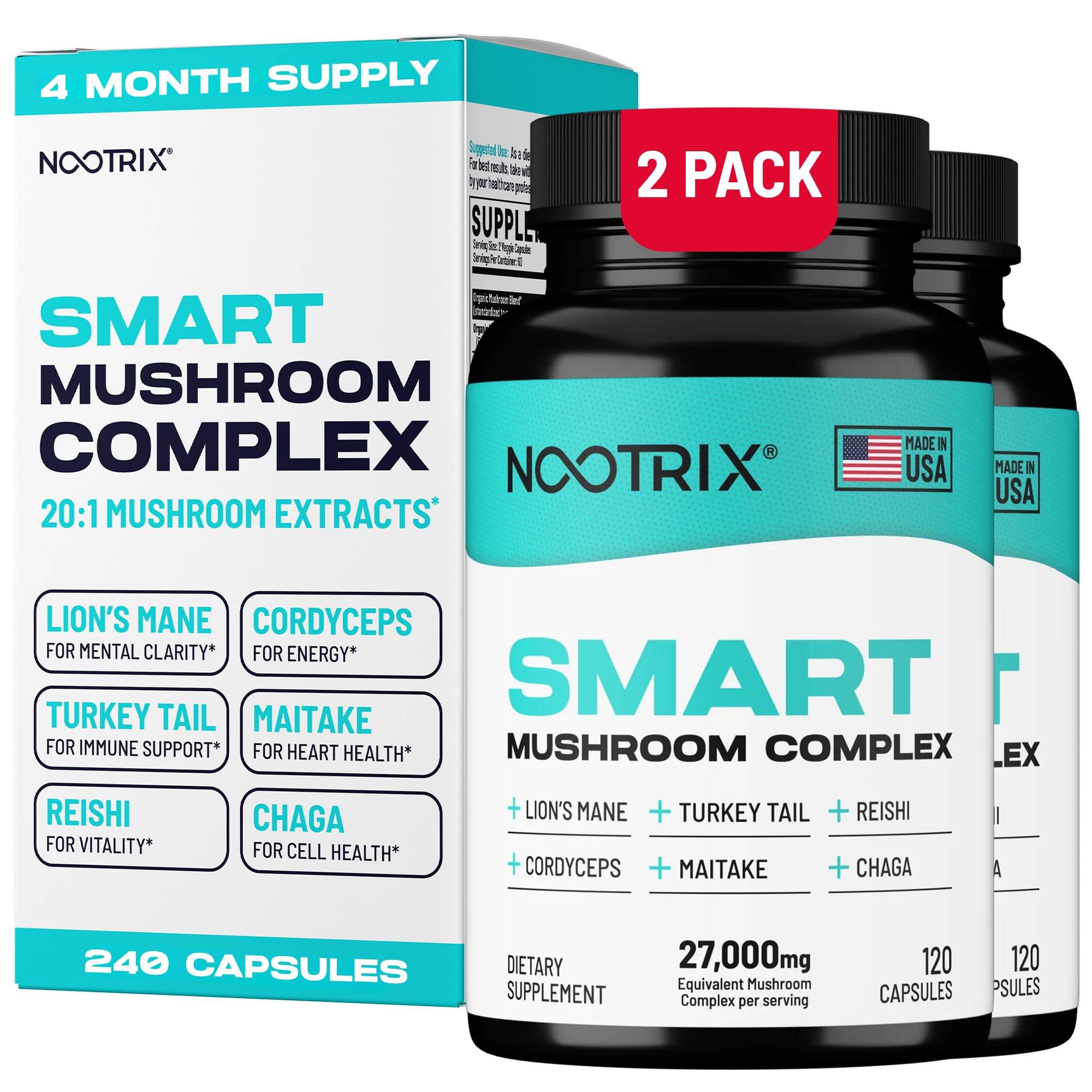 Nootrix Smart Mushrooms Complex Supplement | Supports Memory, Mental Focus, Cognitive Health & Energy | 27,000mg Organic Mushrooms | Lions Mane, Reishi, Cordyceps, Chaga & Turkey Tail | 240 Capsules
