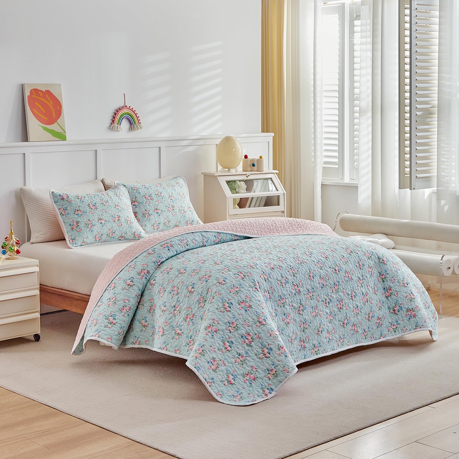 Amazon.com: Joyreap Twin Size Floral Quilt Set for Girls, Pink
