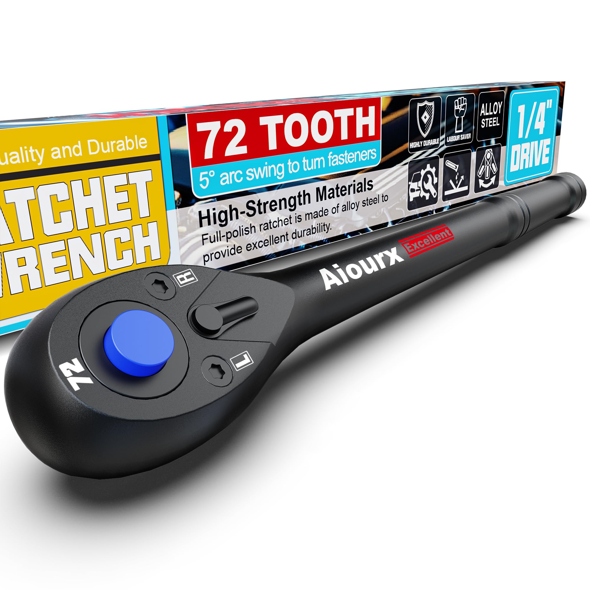 Aiourx 1/4" Drive Ratchet, 72-Tooth Ratchet Handle, 7 inch Quick Release Reversible Socket Wrench, CR-V Steel Made, Mechanical Maintenance, Bicycle