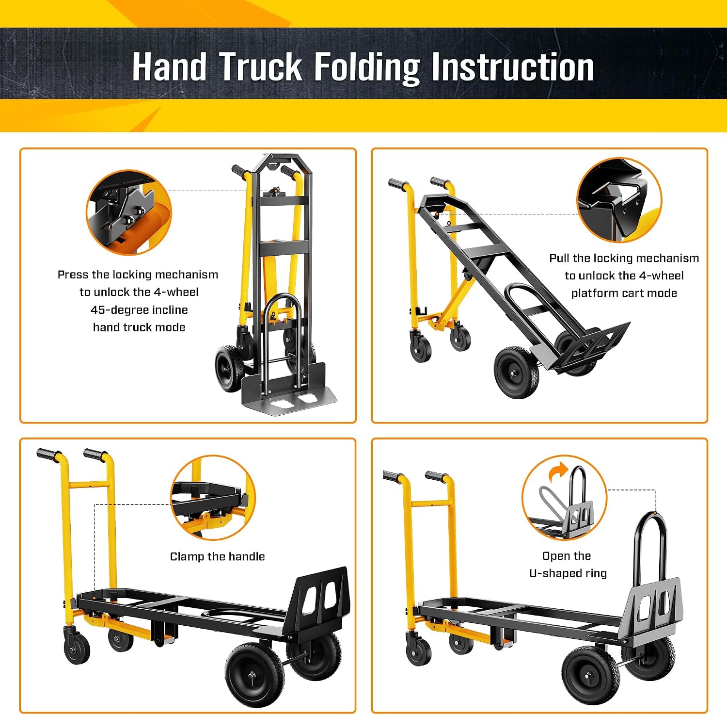 Upgraded 4 in 1 Folding Hand Truck, 1000lbs Convertible Hand Truck Dolly with Solid Wheels and Straps Luggage, Dolly Heavy Duty for Moving Home, Office, Warehouse（Orange）