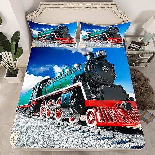 Erosebridal Juego de sábanas bajeras de tren tamaño Queen, juego de ropa de cama de motor de vapor 3D para niños y adolescentes, juego de ropa de