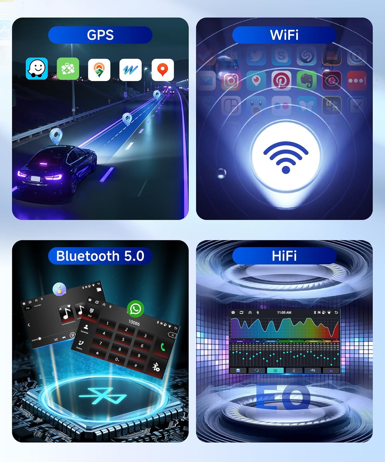 Four panels showing GPS navigation, Wi-Fi connectivity, Bluetooth 5.0 interface, and HiFi audio equalizer.