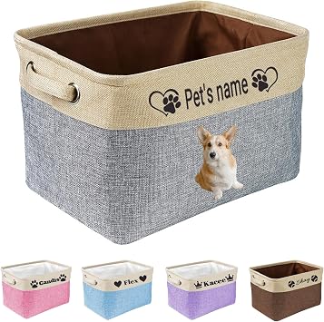 Custom Collapsible Dog Toy Storage Basket Bin with Name and Photo, Personalized Cat Pets Name Storage Box with Handles, for Organizing Dog Cat Clothes,Shoes,Pet Accessories,15"x9.45"x10.24"