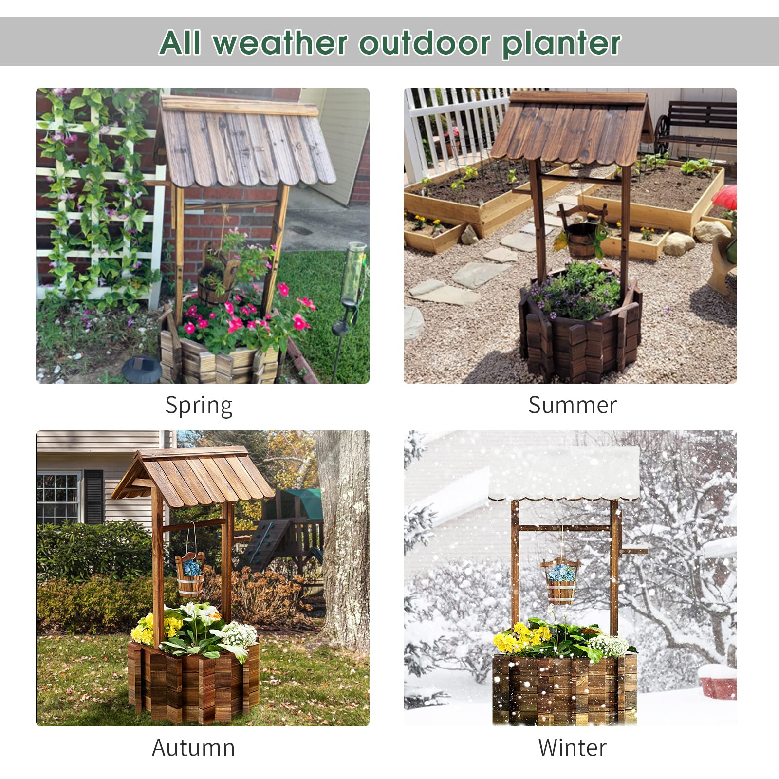 Breezestival Wooden Wishing Well Planter for Outdoors with Hanging Bucket, Rustic Flower Planter Patio Garden Decorative, Brown