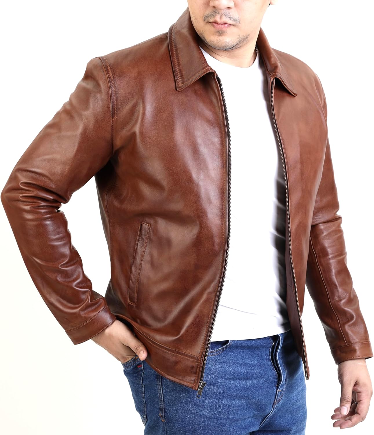 Jild Polo Collar Premium Leather Jacket Men - Old School Classic Style Everyday Wear Real Lambskin Mens Leather Jacket