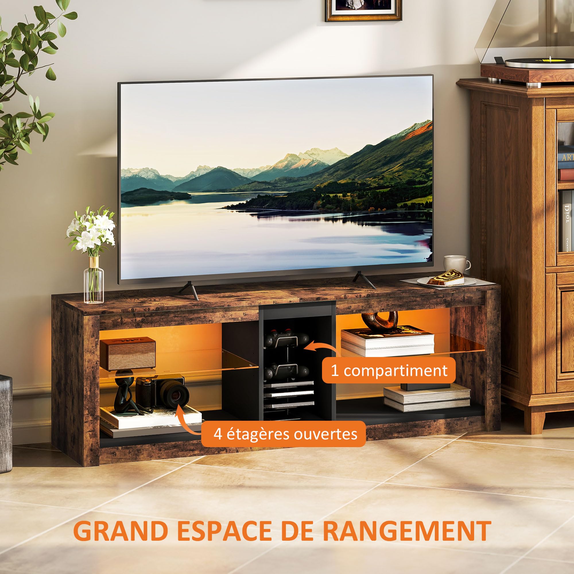 HOMCOM Meuble TV LED avec Télécommande pour TV 65 Pouces 140x35x47cm Marron | Meuble Télé Bois, Étagères, Compartiments Ouvert, Salon, Chambre à Coucher