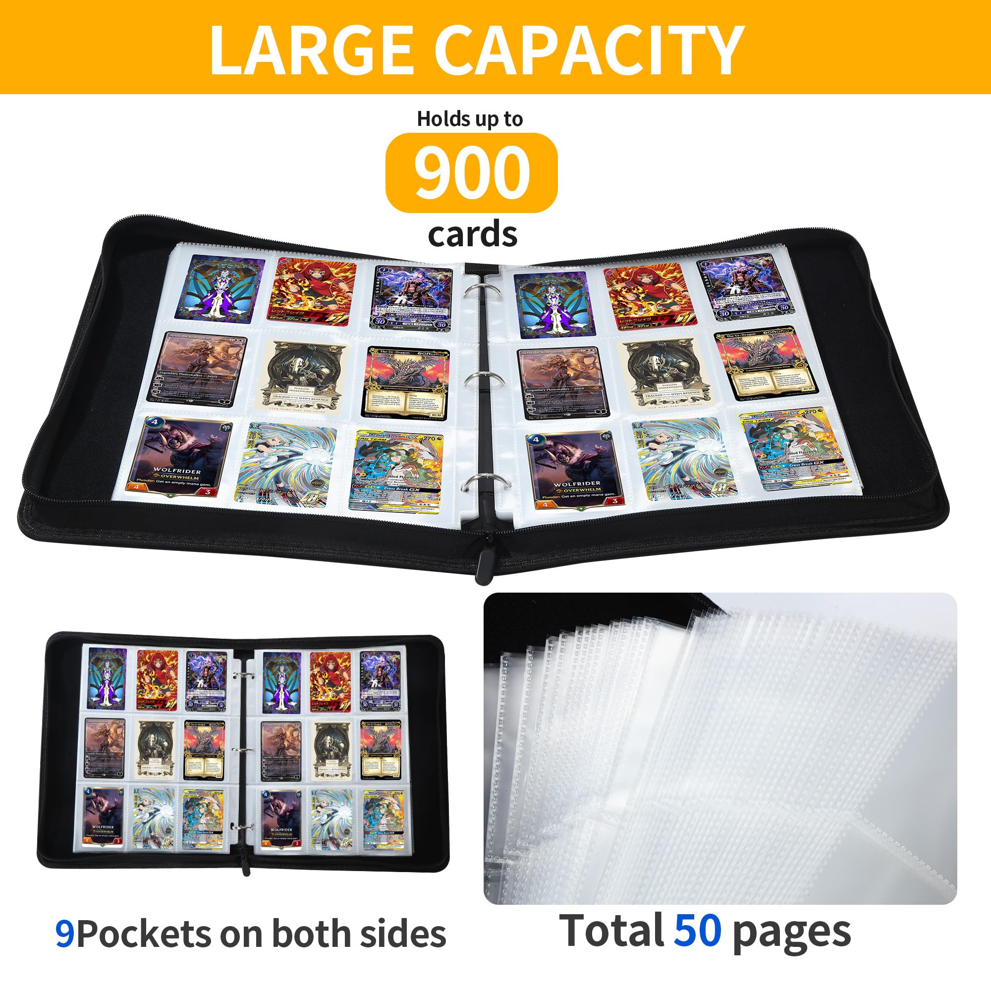 Raccoglitore Carte Magic,900 Tasche Album Porta Carte,50 Pagine Raccoglitore di Carte con cerniera,Grande capacità, adatto per le carte di gioco preferite (B-Grigio-02)