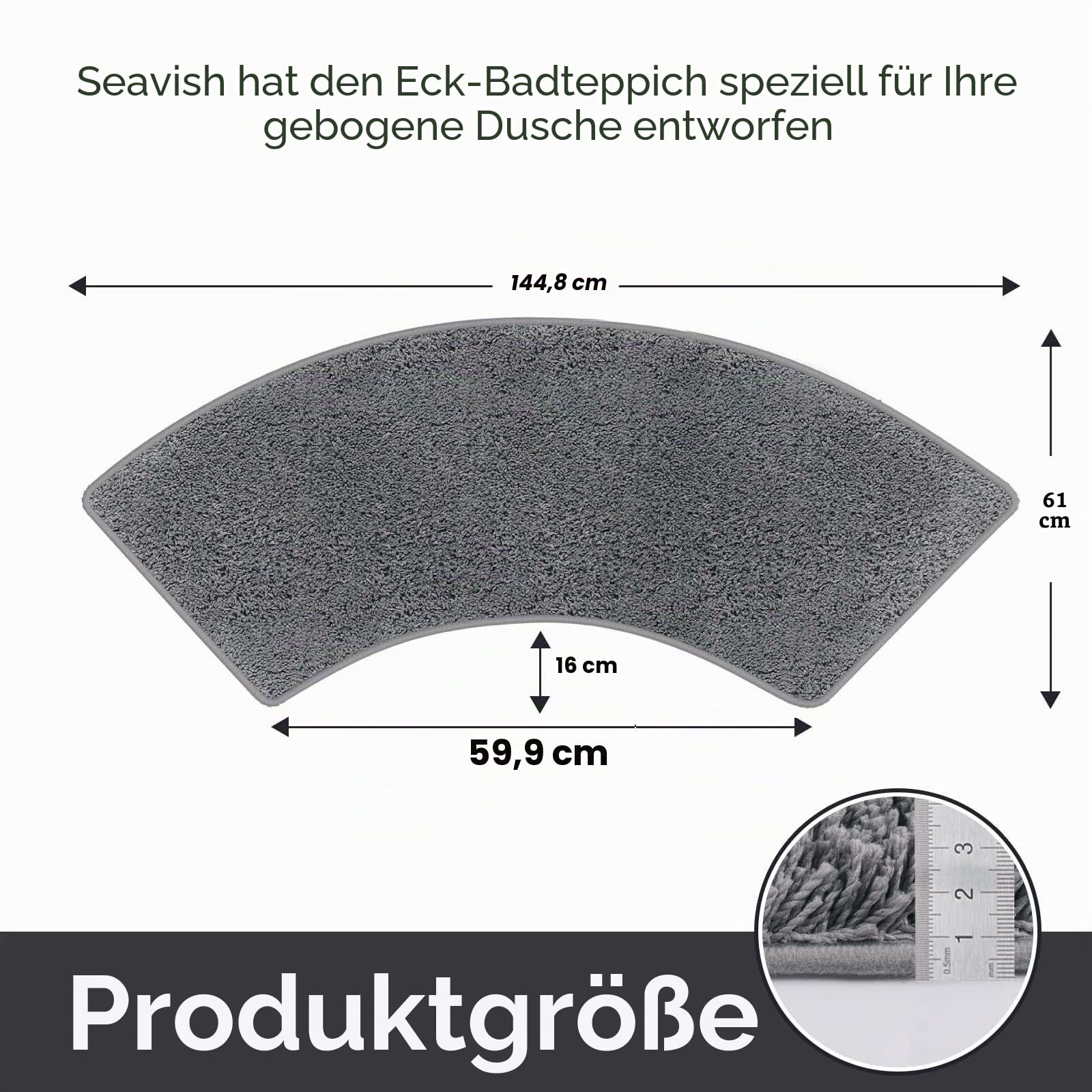 Seavish Cozy Shag Badezimmerteppich, rutschfeste Mikrofaser, weich, saugfähig, Meeresblau Curved 45x143cm grau