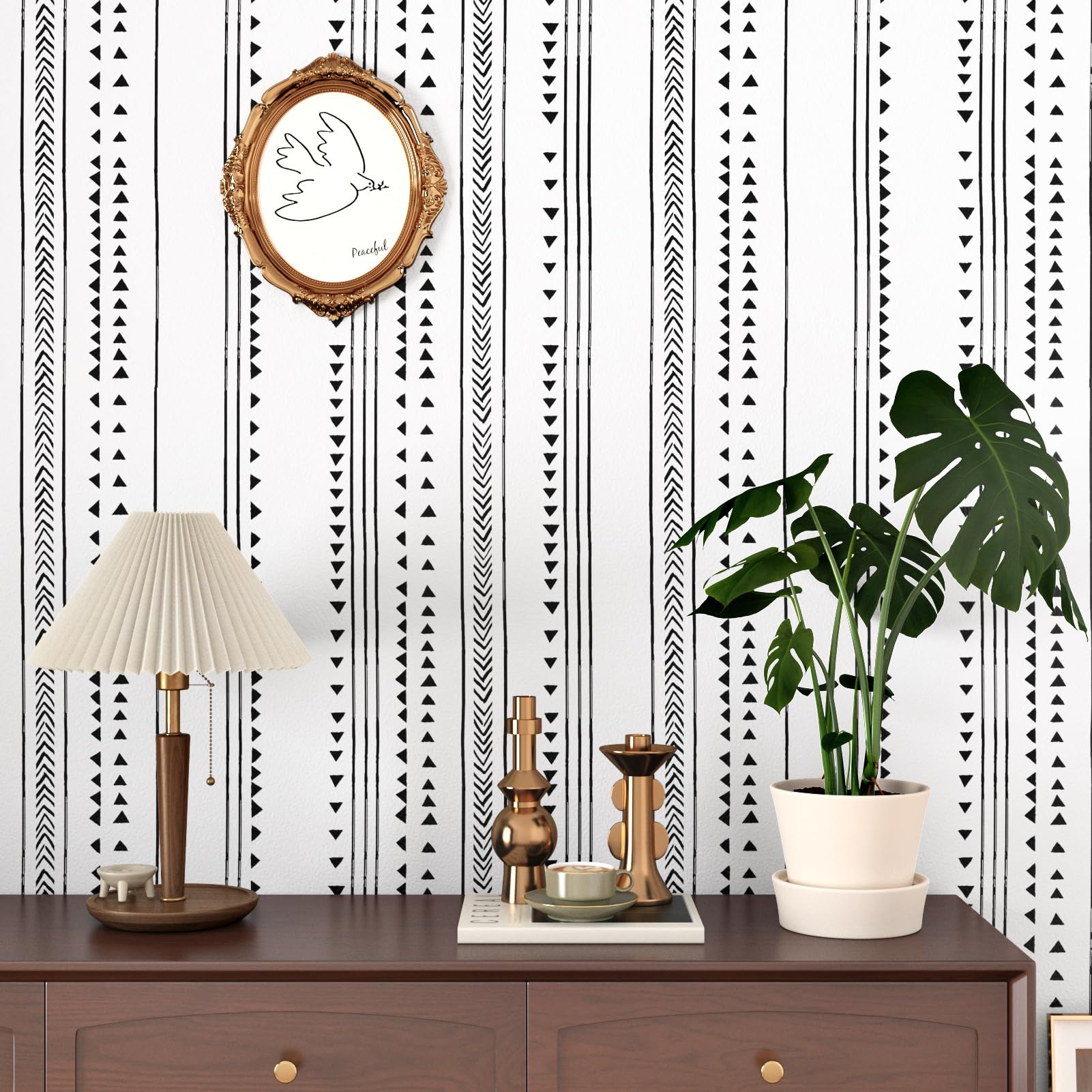 STICKEEP Black and White Wallpaper for Bedroom Boho Peel and Stick Wallpaper Geometric Triangle Arrow Pattern Modern Accent Wall Paper for Bathroom