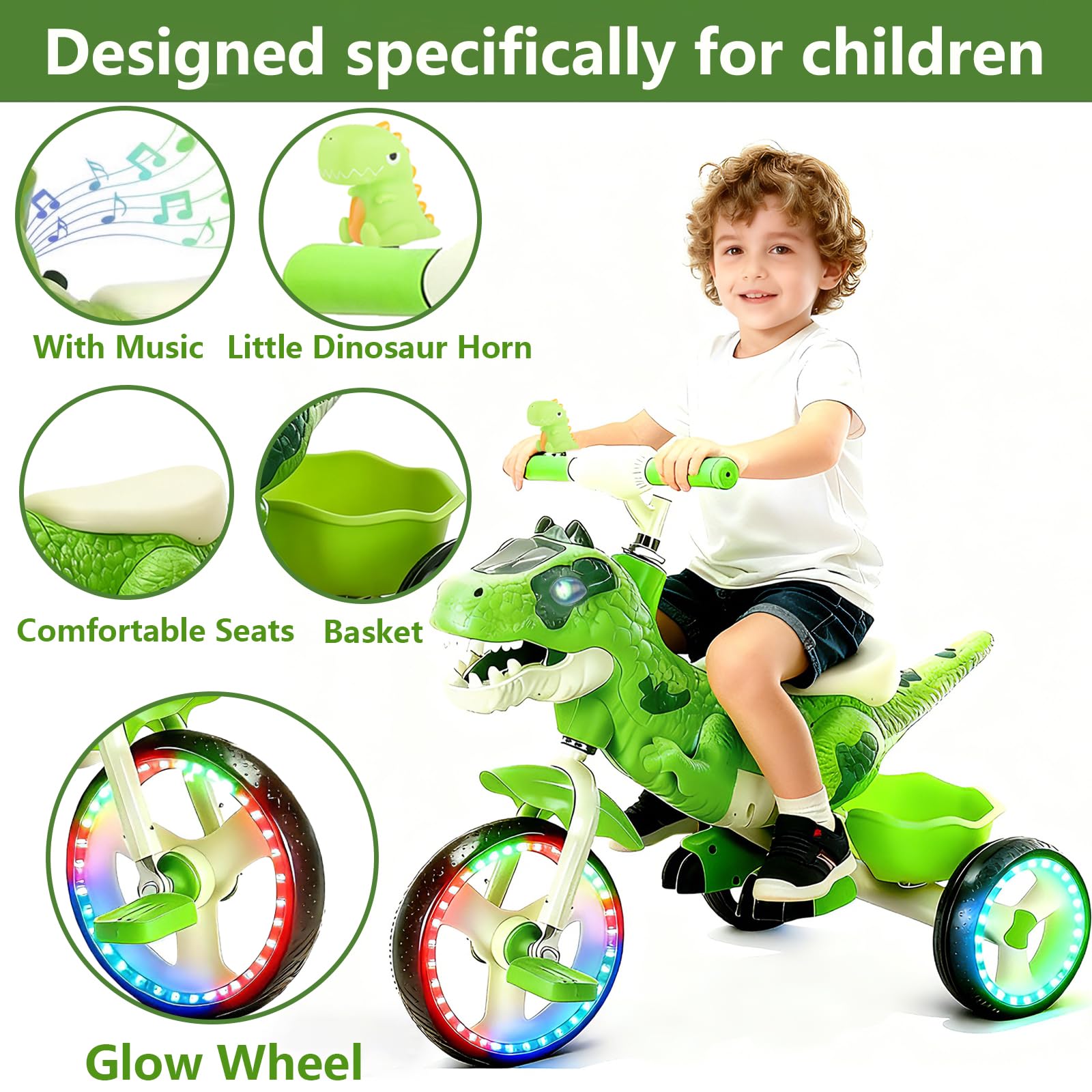 NMM Triciclo Dinosauro Con Clacson e Cesto Portaoggetti, Triciclo Bambini 2, 3, 4, 5, 6 Anni, Con Musica e Luci, Regali di Compleanno e Natale Adatti a Bambini e Bambine - Verde