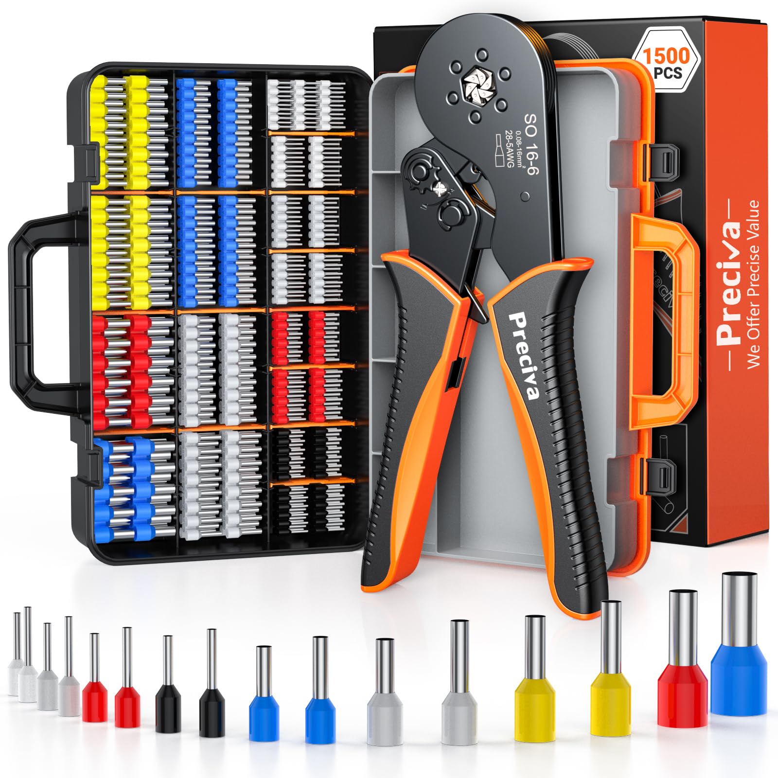 Preciva Kit di crimpatura per puntali, crimpatrice esagonale AWG 28-5 con cricchetto autoregolante, include 1500 puntali, per cablaggio industriale e terminali elettrici