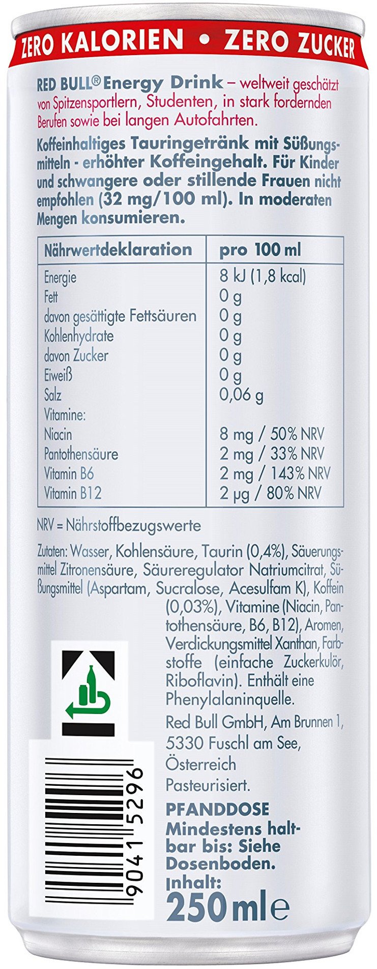 Red Bull Energy Drink Zero - 24er Palette Dosen - Getränke ohne Zucker und Kalorien EINWEG (24 x 250 ml)