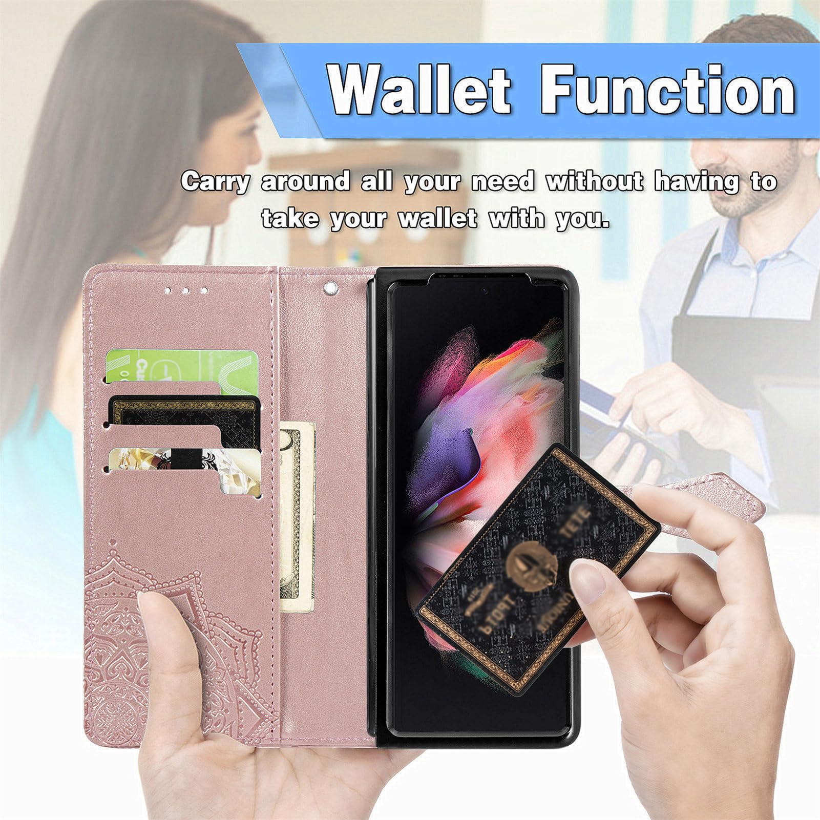 Etui z klapką do Samsung Galaxy Z Fold 5, portfel etui, retro skóra PU, wytłoczone kwiaty, etui folio na karty kredytowe, fioletowy